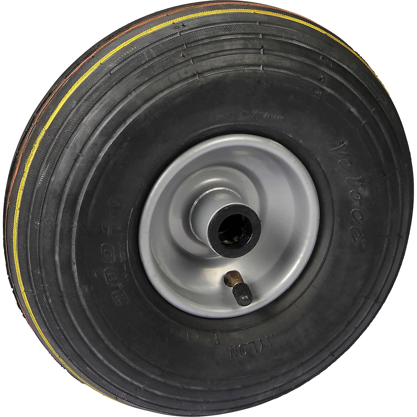 Pneumatic tyre, sheet steel rim, grooved profile, wheel Ø x width 260 x 85 mm, roller bearings.