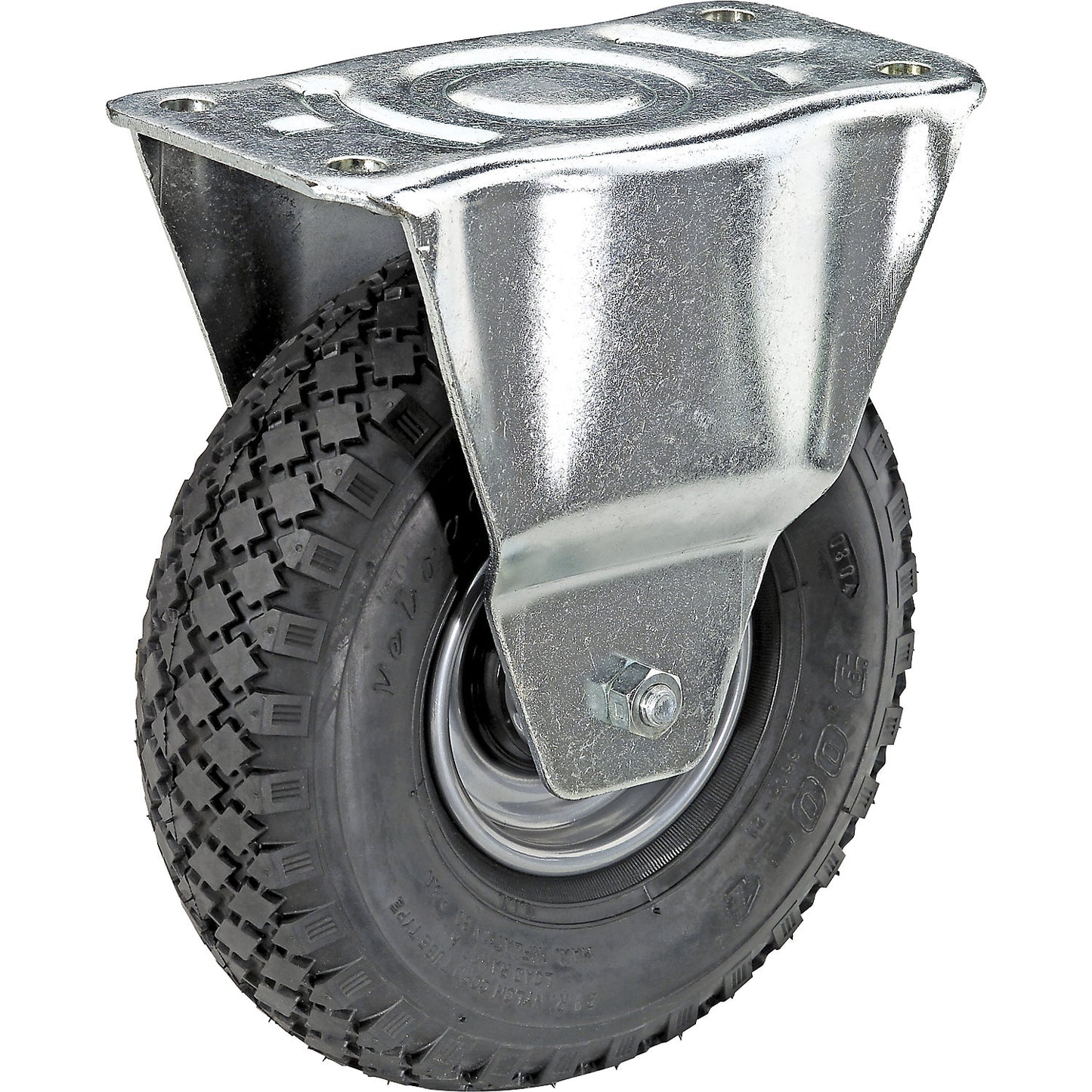 Pneumatic tyre, sheet steel rim, block profile, ØxW 260 x 85 mm, roller bearings, fixed castor.