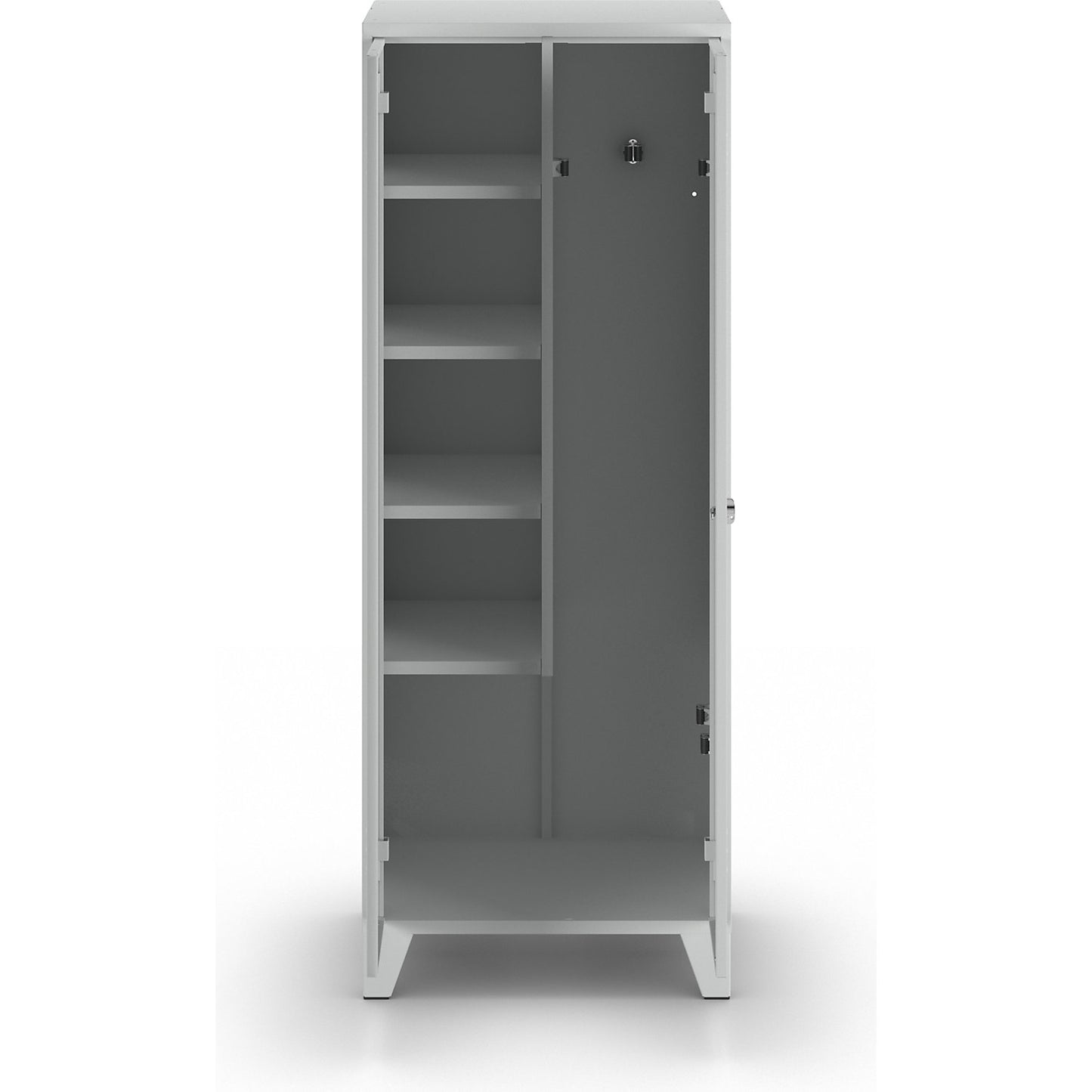 Berlin 2 locker for cleaning products, W 700 mm, 4 shelves, 5 clamps, light grey RAL 7035.