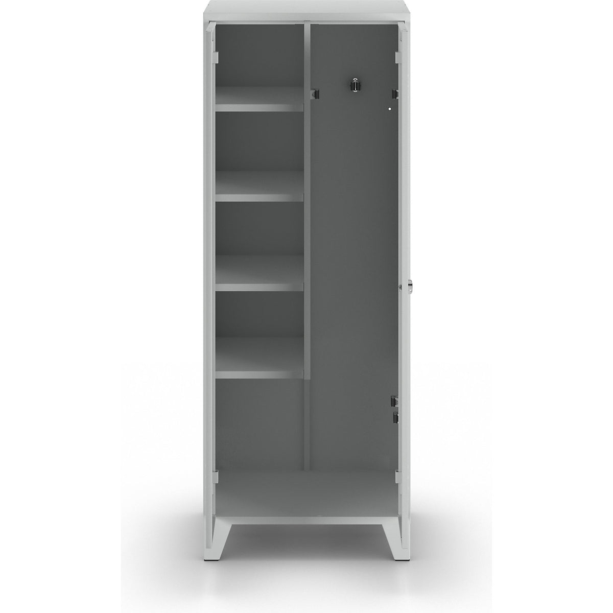 Berlin 2 locker for cleaning products, W 700 mm, 4 shelves, 5 clamps, light grey RAL 7035.