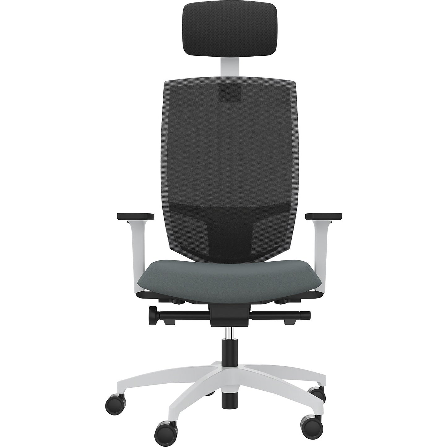 JUST EVO MESH office swivel chair, with mesh back rest, white, grey, with headrest.