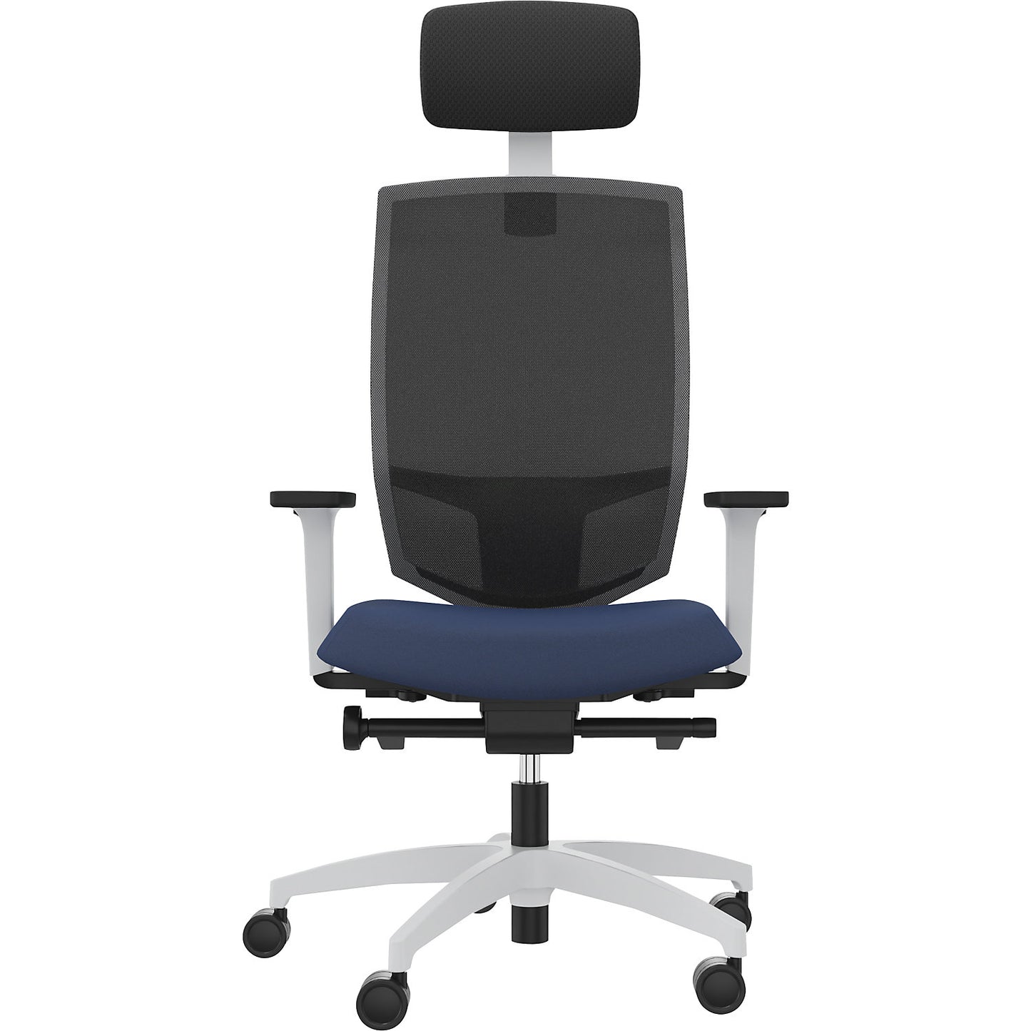 JUST EVO MESH office swivel chair, with mesh back rest, white, night blue, with headrest.