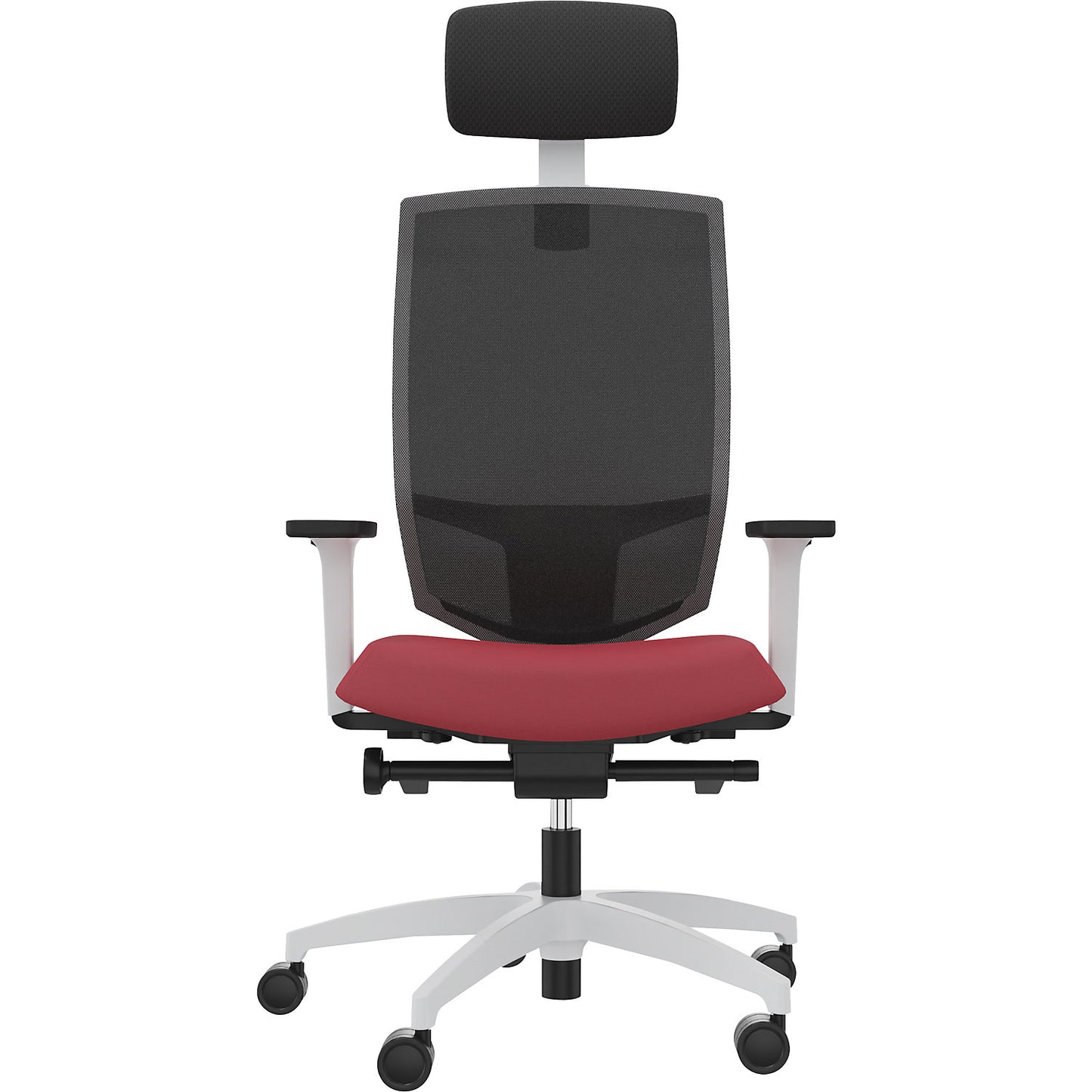 JUST EVO MESH office swivel chair, with mesh back rest, white, chilli red, with headrest.