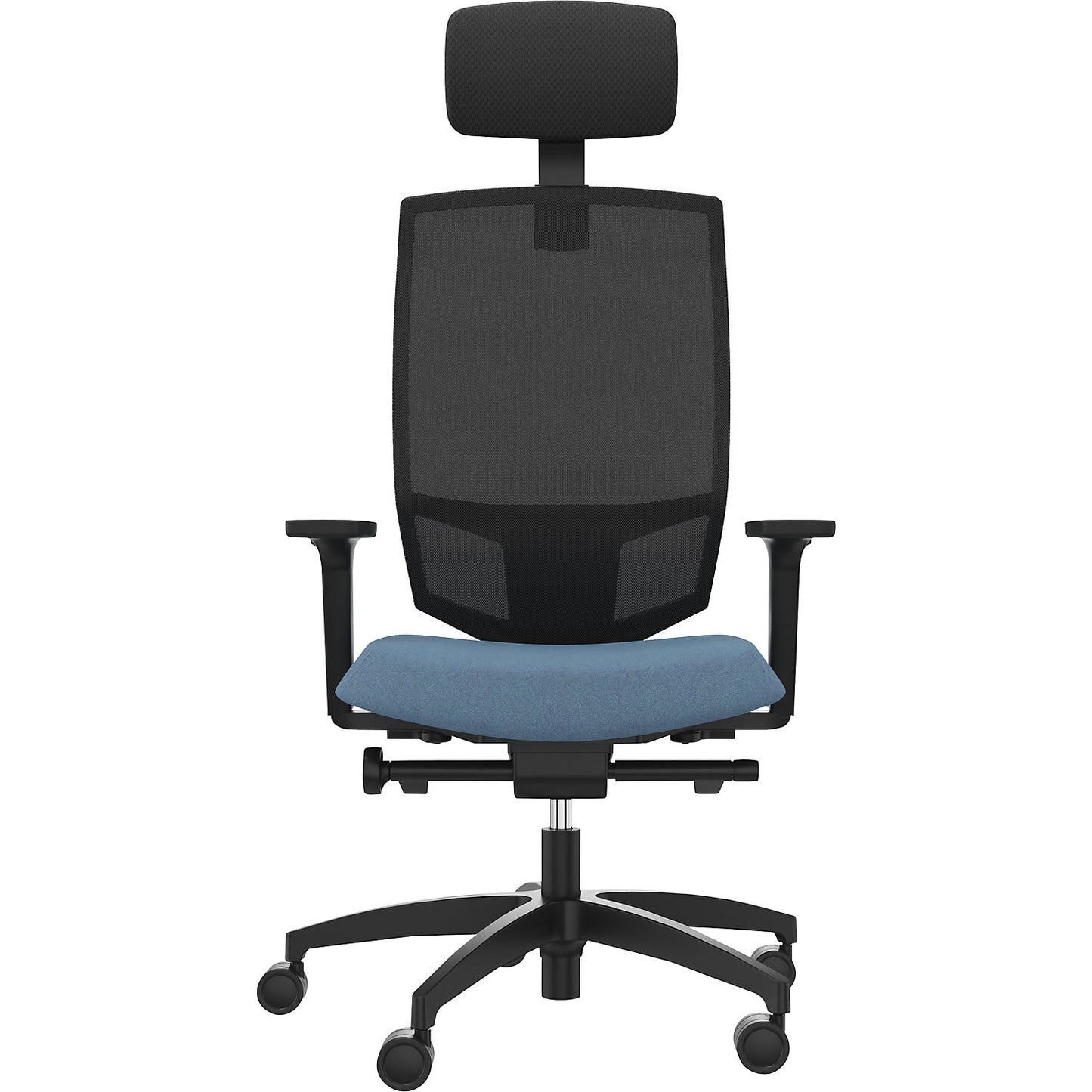 JUST EVO MESH office swivel chair, with mesh back rest, black, water blue, with headrest.