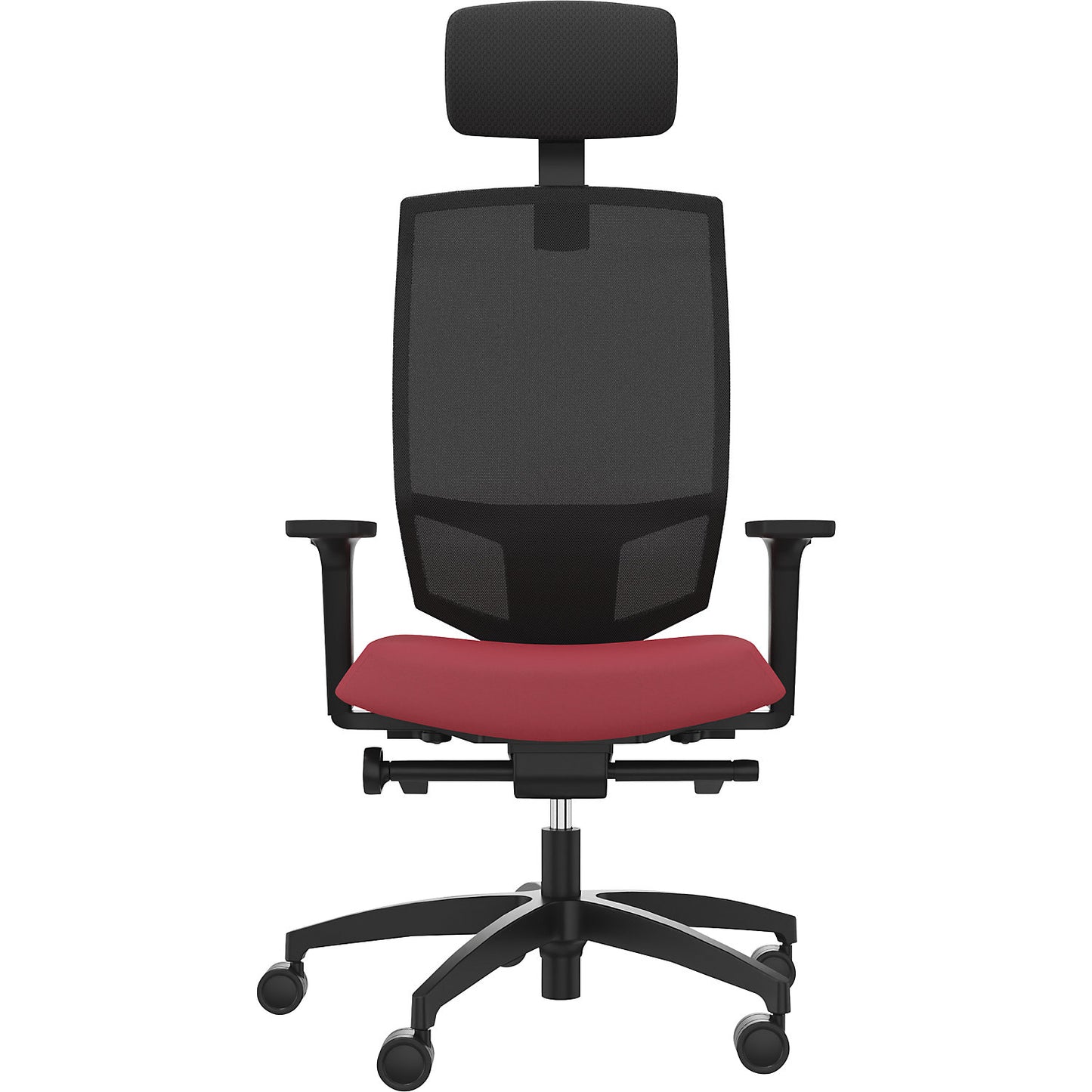 JUST EVO MESH office swivel chair, with mesh back rest, black, chili red, with headrest.