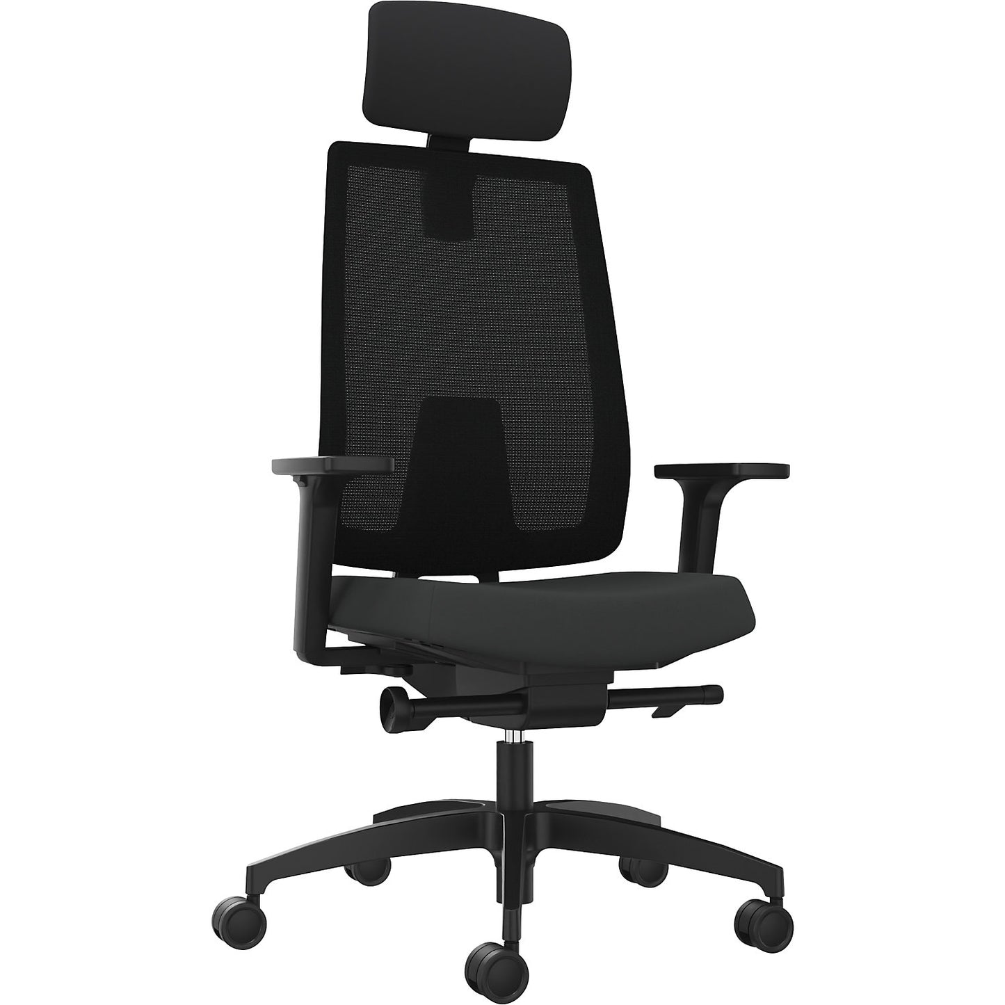 INDEED office swivel chair, with counterpressure adjustment, mesh backrest in black, headrest.