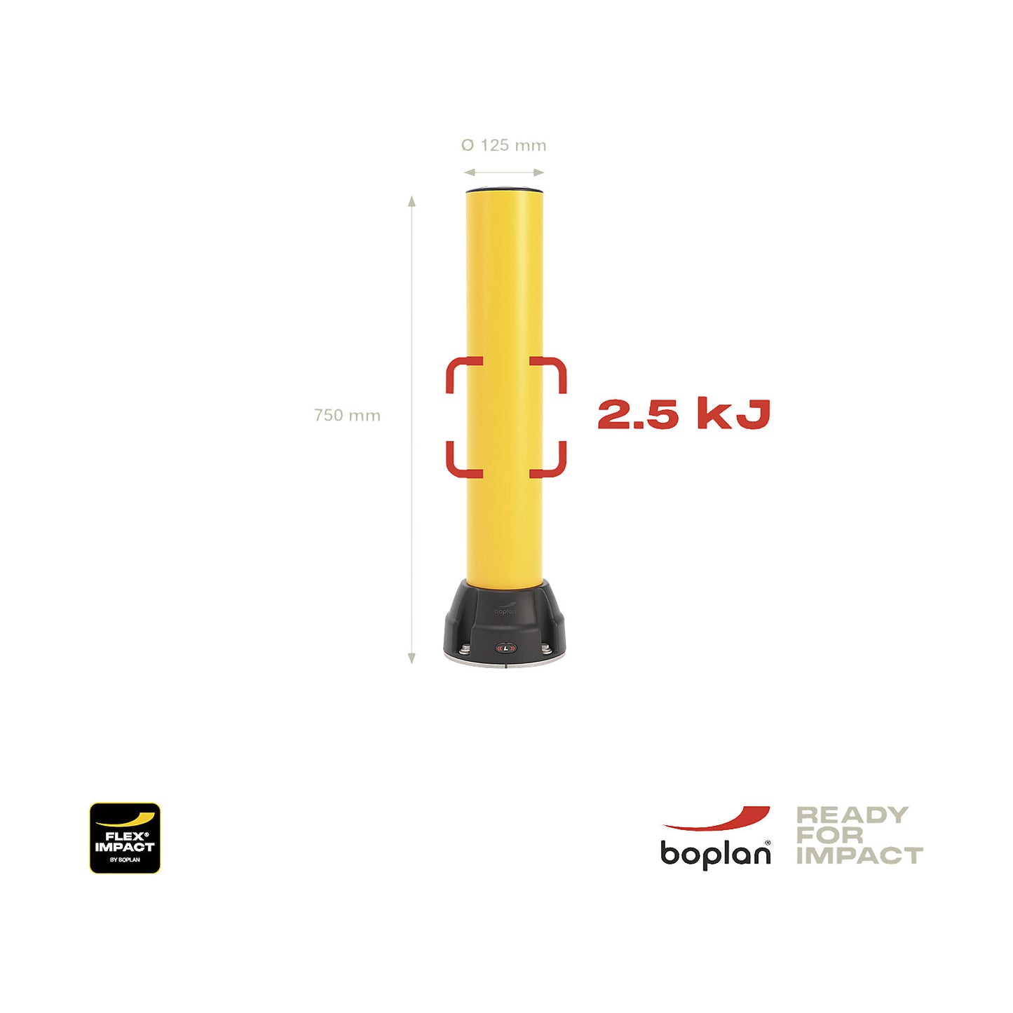 Crash protection bollard 125L, height 750 mm, stainless steel plate, yellow.