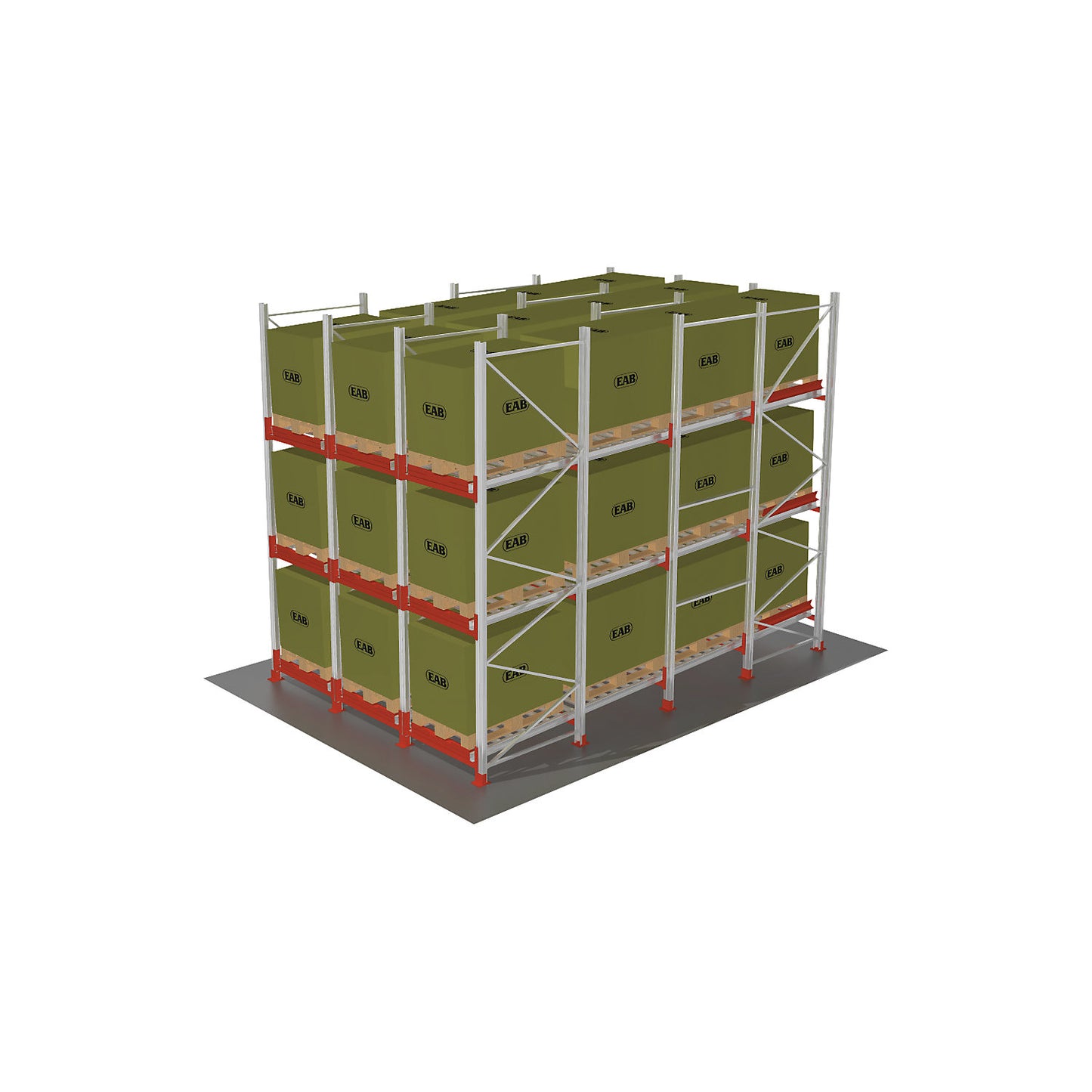 Flow-through pallet racking, with roller conveyors (FIFO), for 36 EUR pallets.