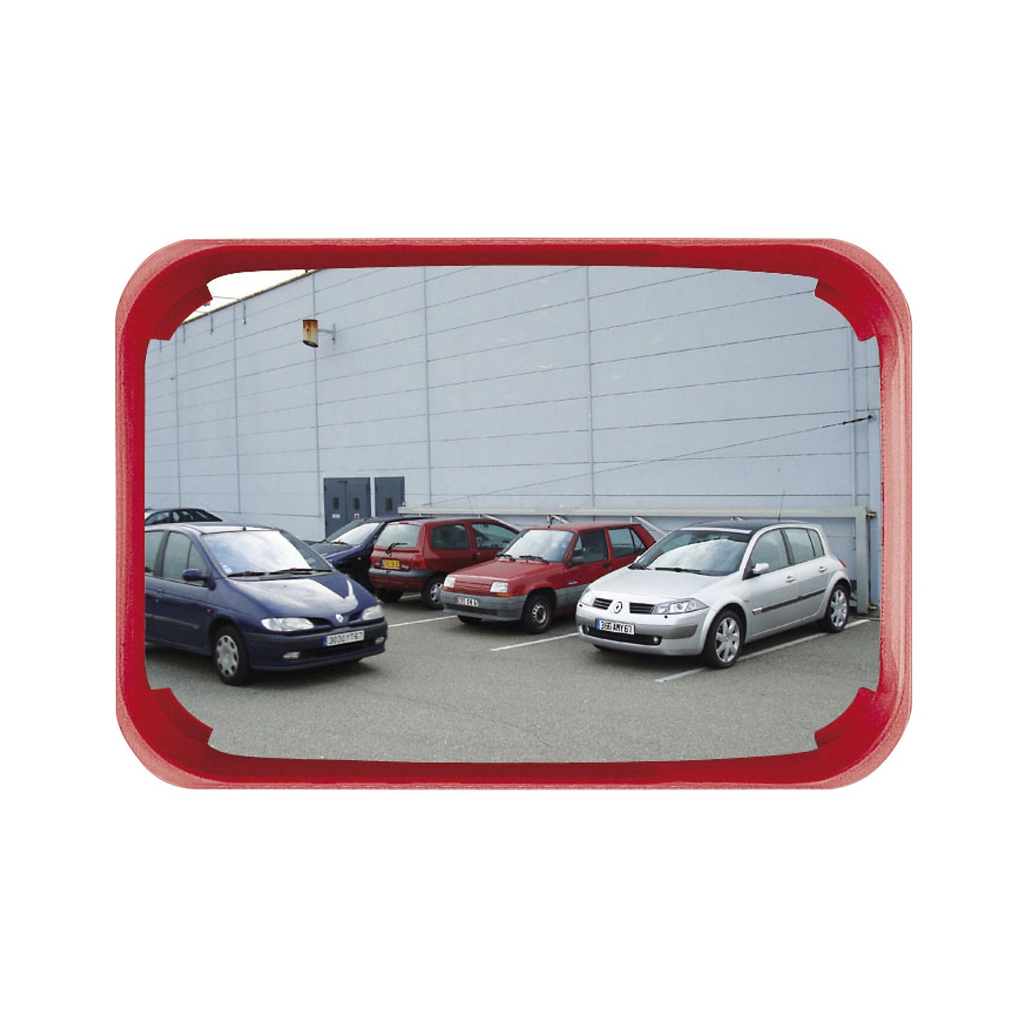 Multi-purpose mirror, 2 directions, rectangular, HxW 400 x 600 mm, red frame, P.A.S.®.