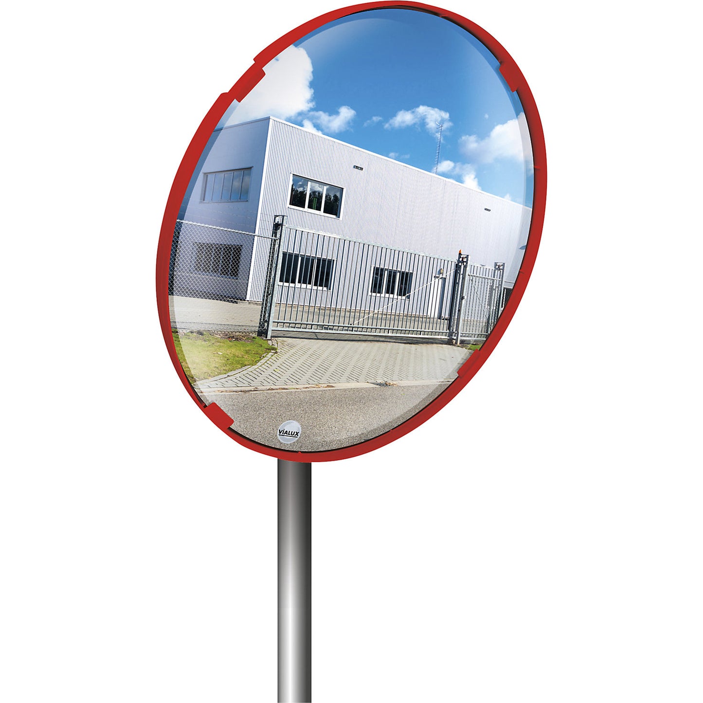 Multi-purpose mirror, 2 directions, round, Ø 800 mm, red frame, Polymir®.