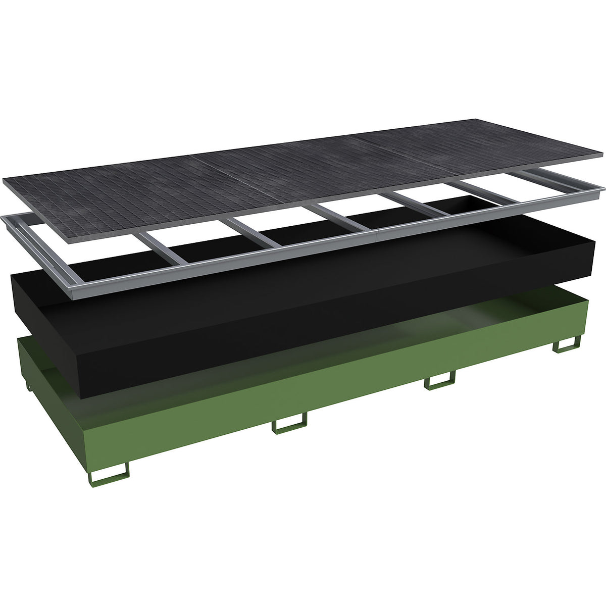 Base sump tray with PE insert, with grate, 1000 l, LxWxH 3565 x 1315 x 360 mm, reseda green.