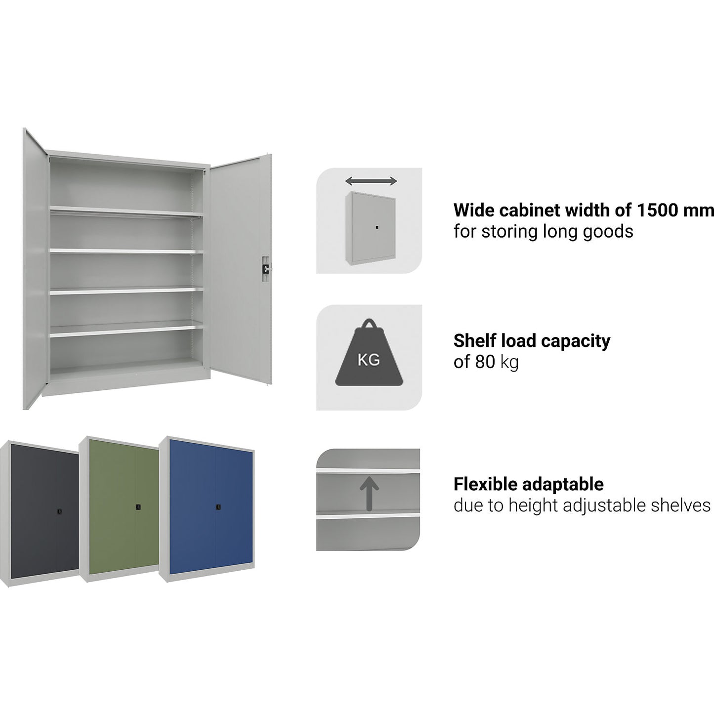 Steel cupboard with hinged doors, 4 shelves, width 1500 mm, HxWxD 1950 x 1500 x 600 mm, charcoal.