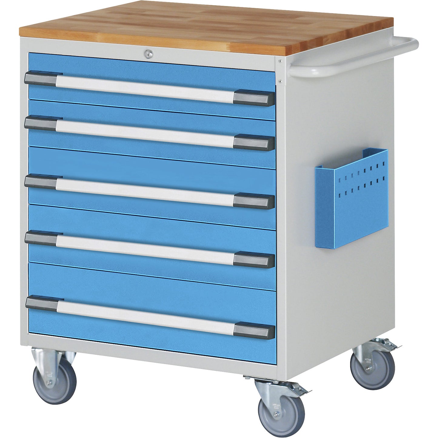 Compact workbench, mobile, 5 drawers, HxW 975 x 770 mm, light grey / light blue.