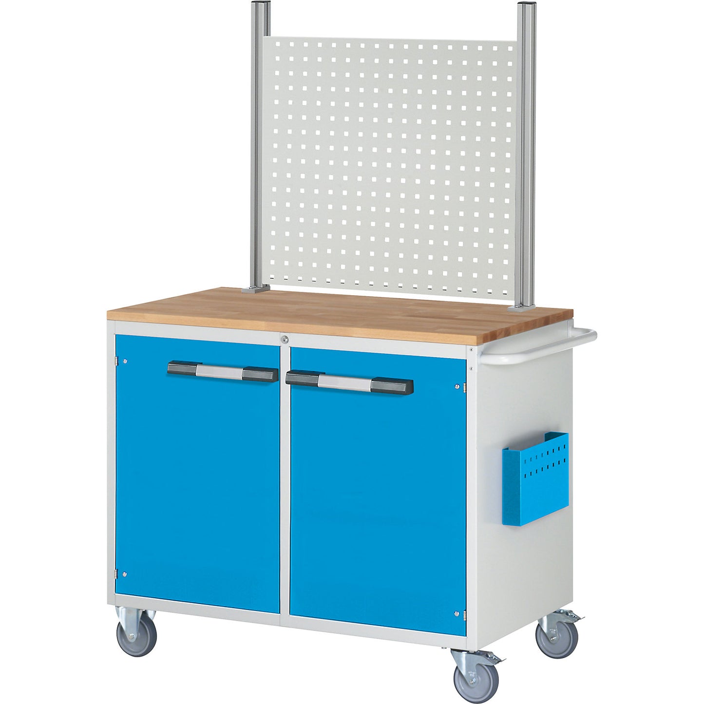 Compact workbench, mobile, 2 doors, HxW 1675 x 1145 mm, light grey / light blue.