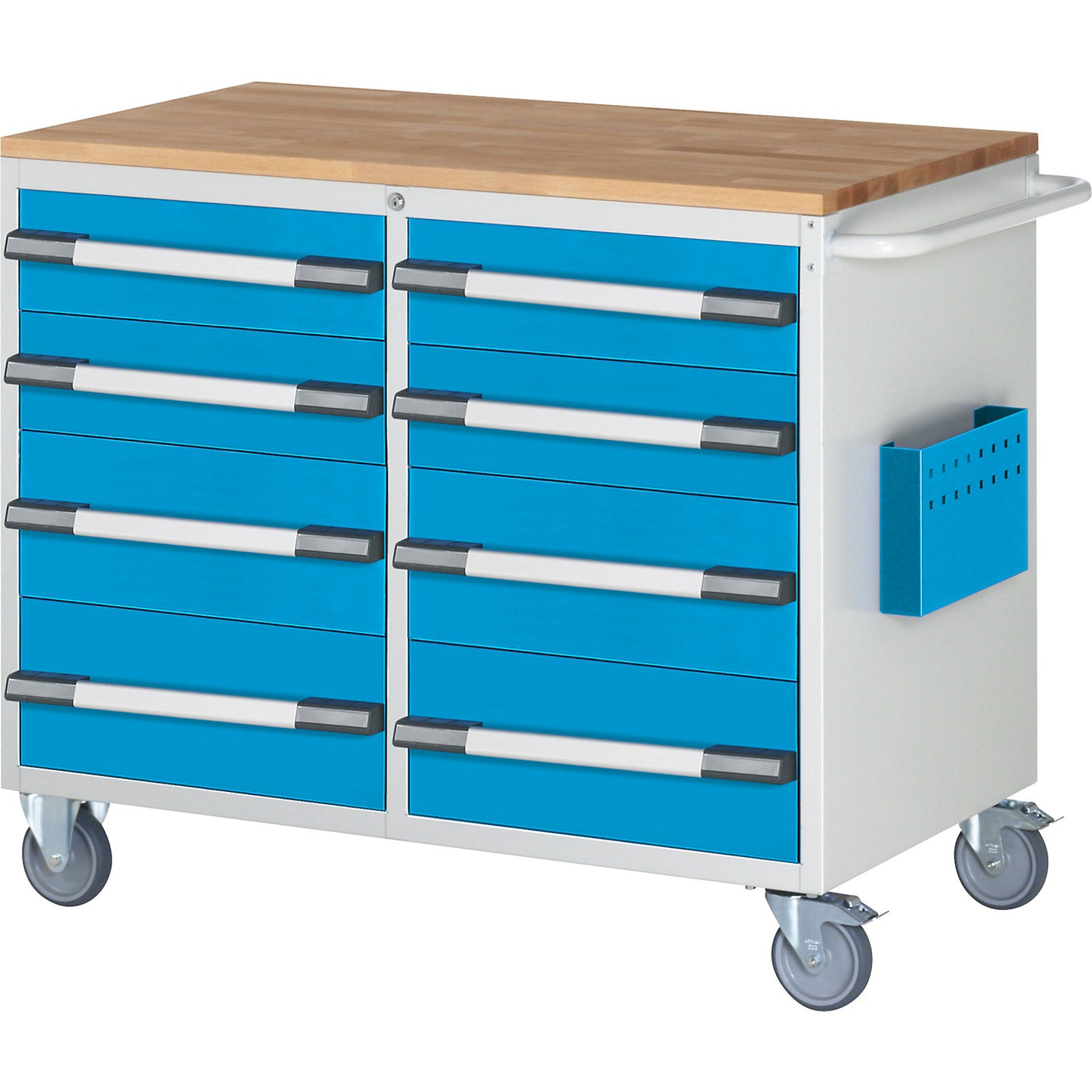 Compact workbench, mobile, 8 drawers, HxW 975 x 1145 mm, light grey / light blue.