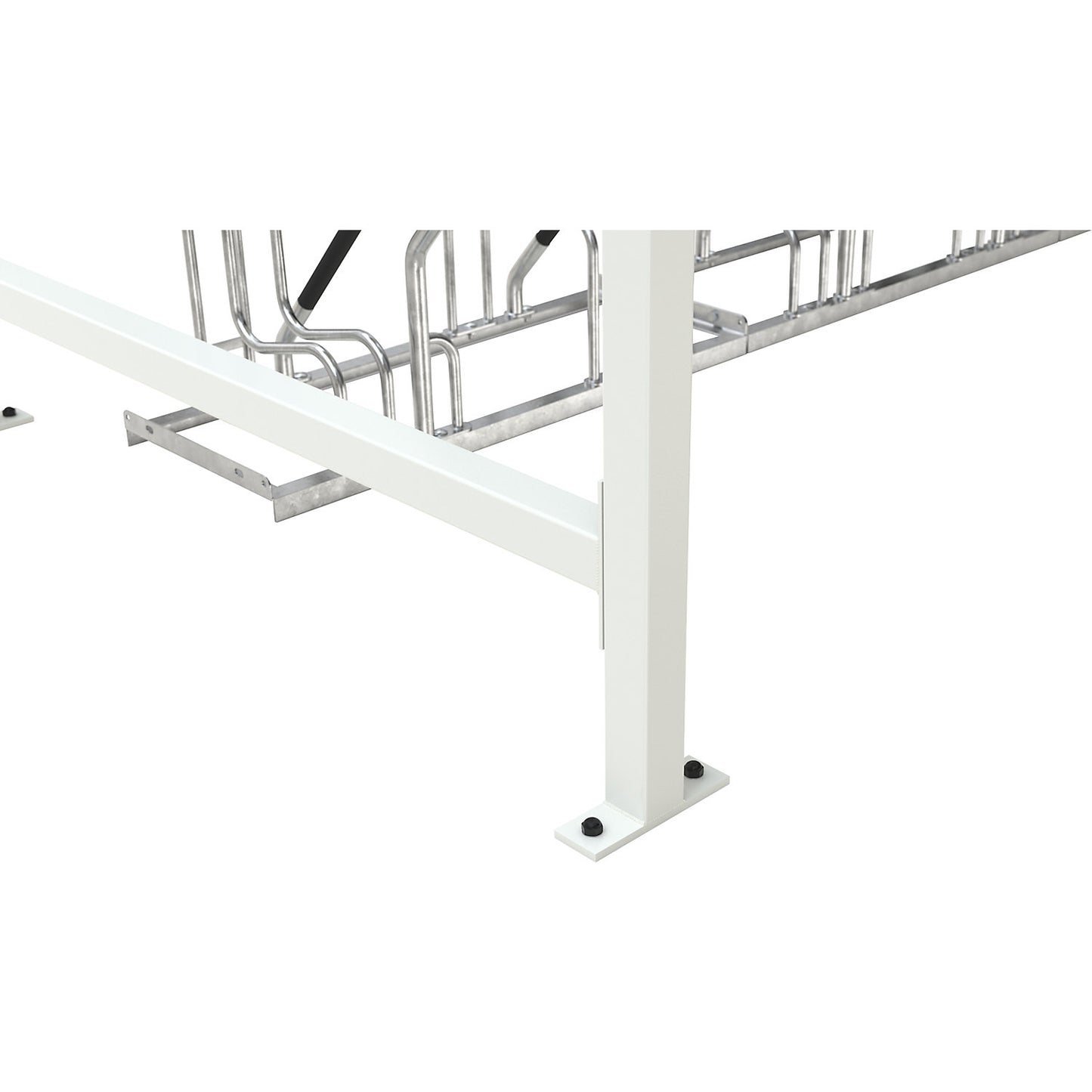 Material shelter Leipzig with bicycle stand model 2300, 8 parking spaces, flat roof, 3 open wall elements, HxW 2360 x 4300 mm.