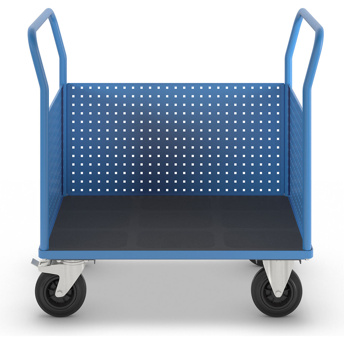Platform truck, with 3 high perforated panels, LxW 1050 x 700 mm, solid rubber.