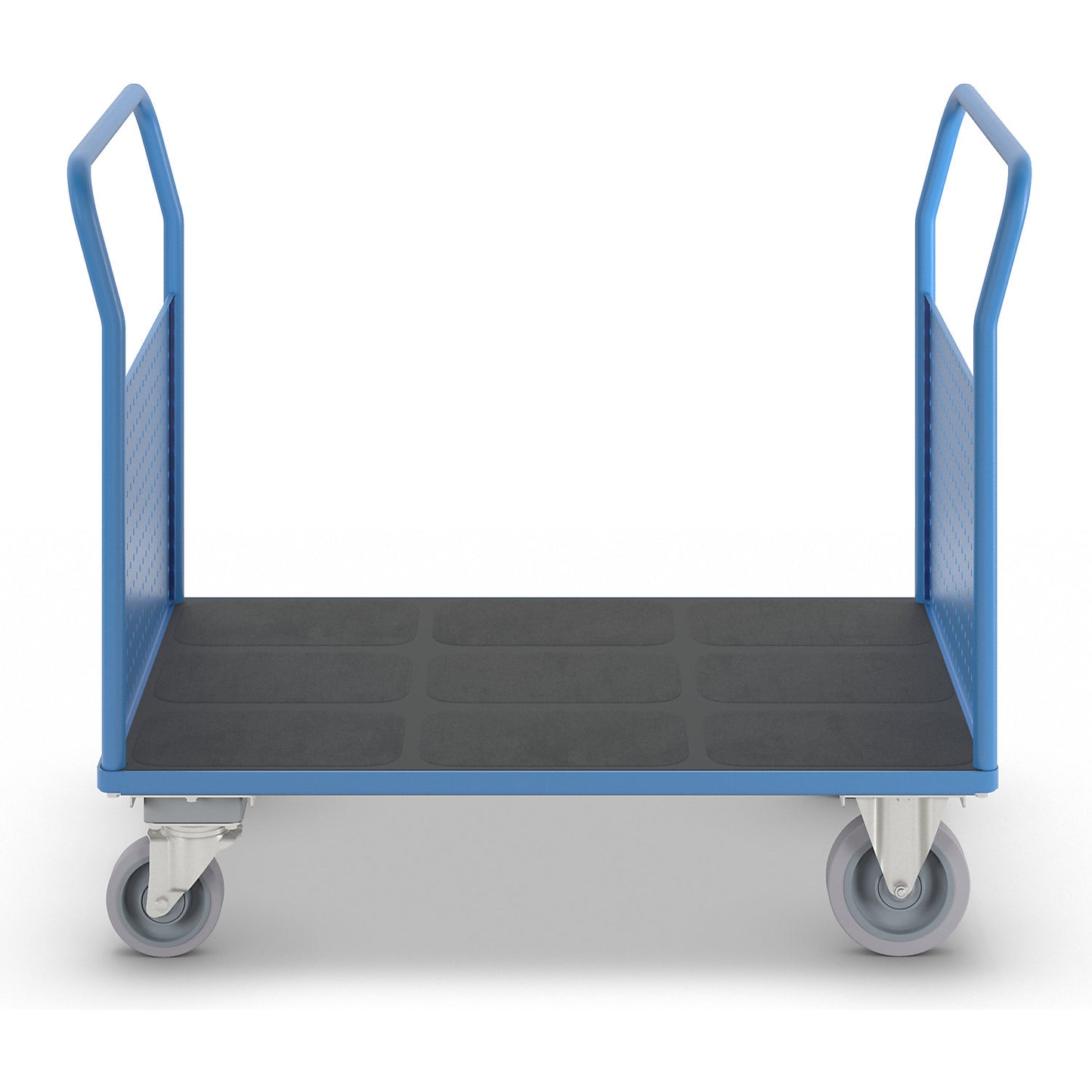 Platform truck, with 2 high perforated panels, LxW 1250 x 800 mm, with central stop, solid elastic.