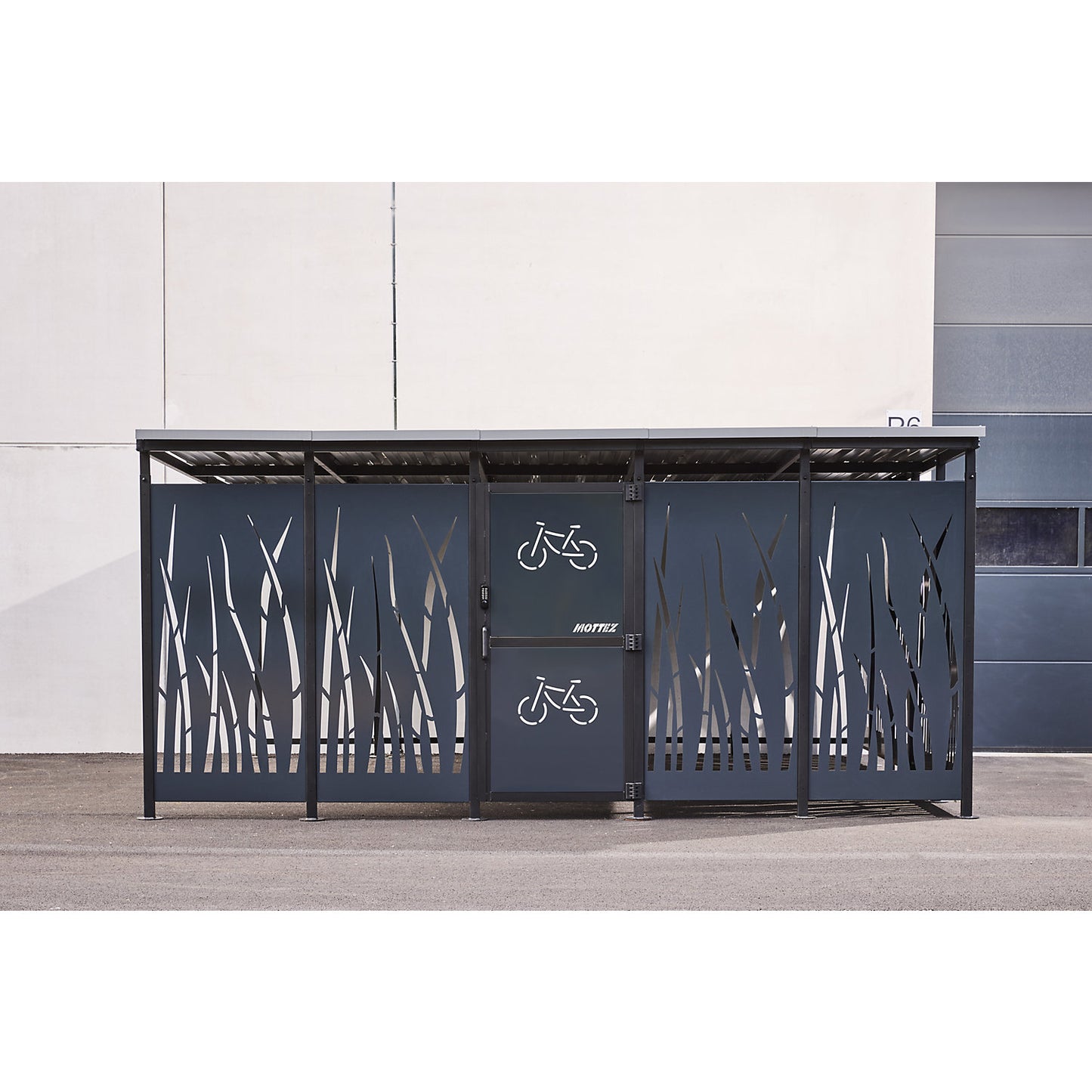 Bicycle shelter, HxW 2360 x 5600 mm, reed, depth 5150 mm, base unit.