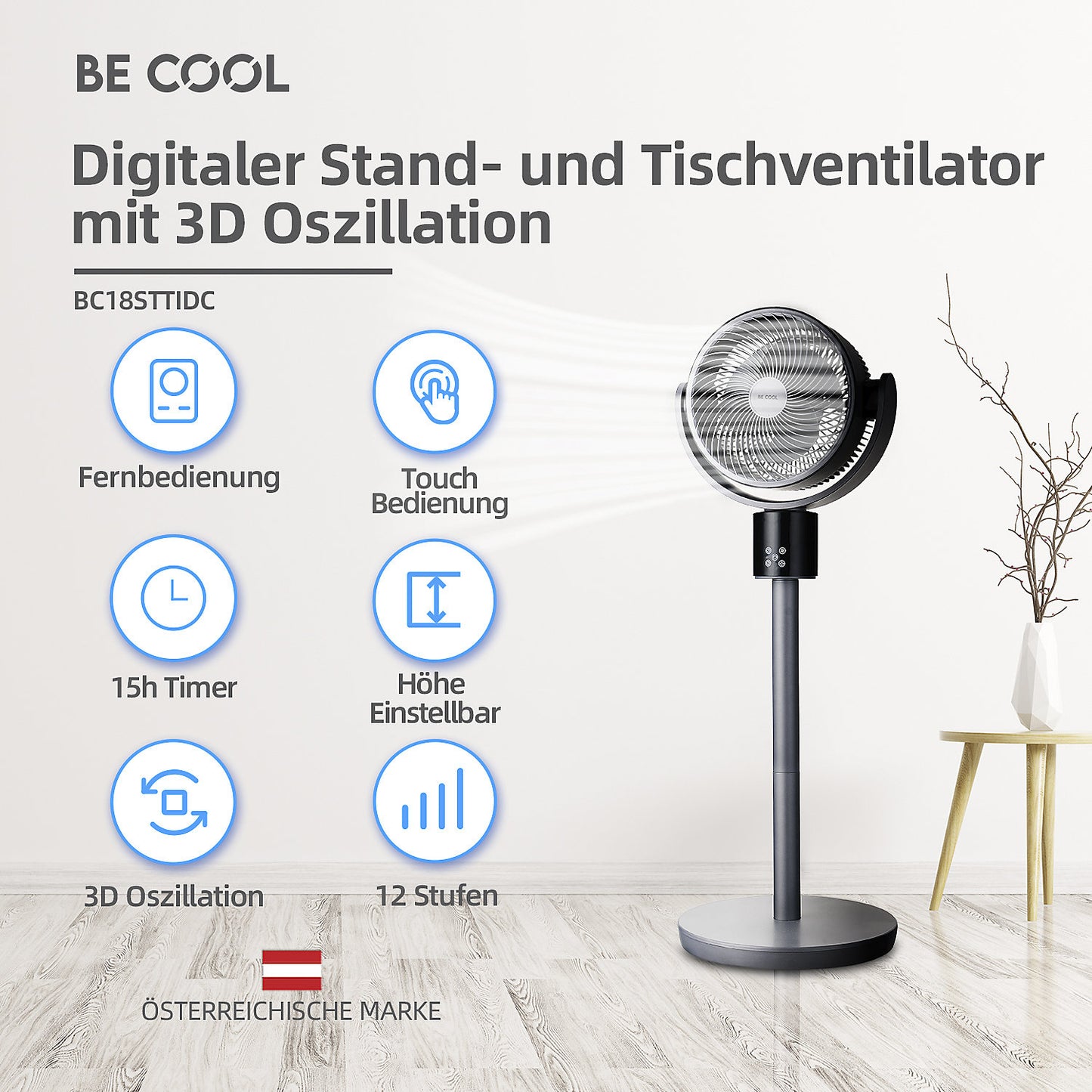 2 in 1 Digital pedestal and desk fan, HxWxD 950 x 330 x 330 mm, grey.
