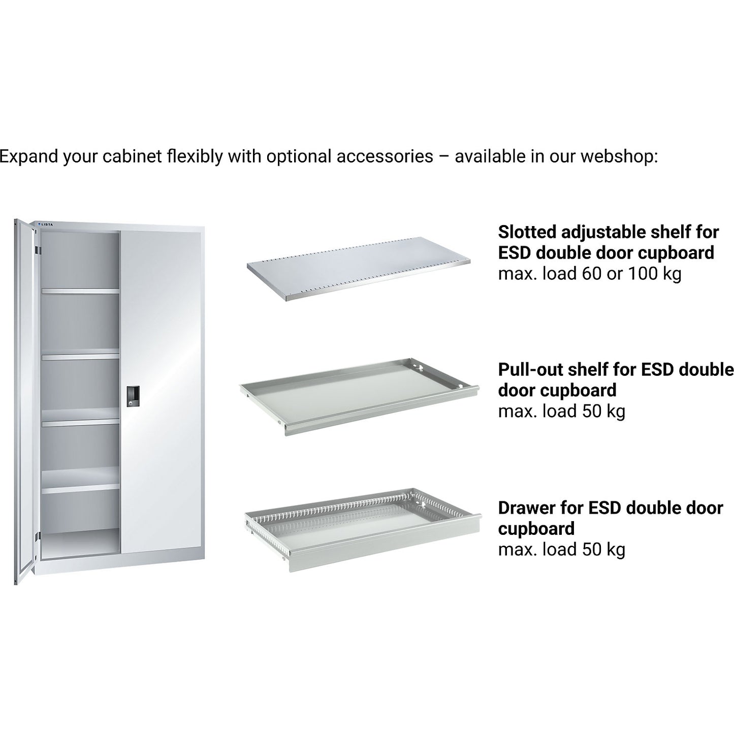 ESD double door cupboard, h 1950 mm, 4 shelves, WxD 1000 x 580 mm, light grey.