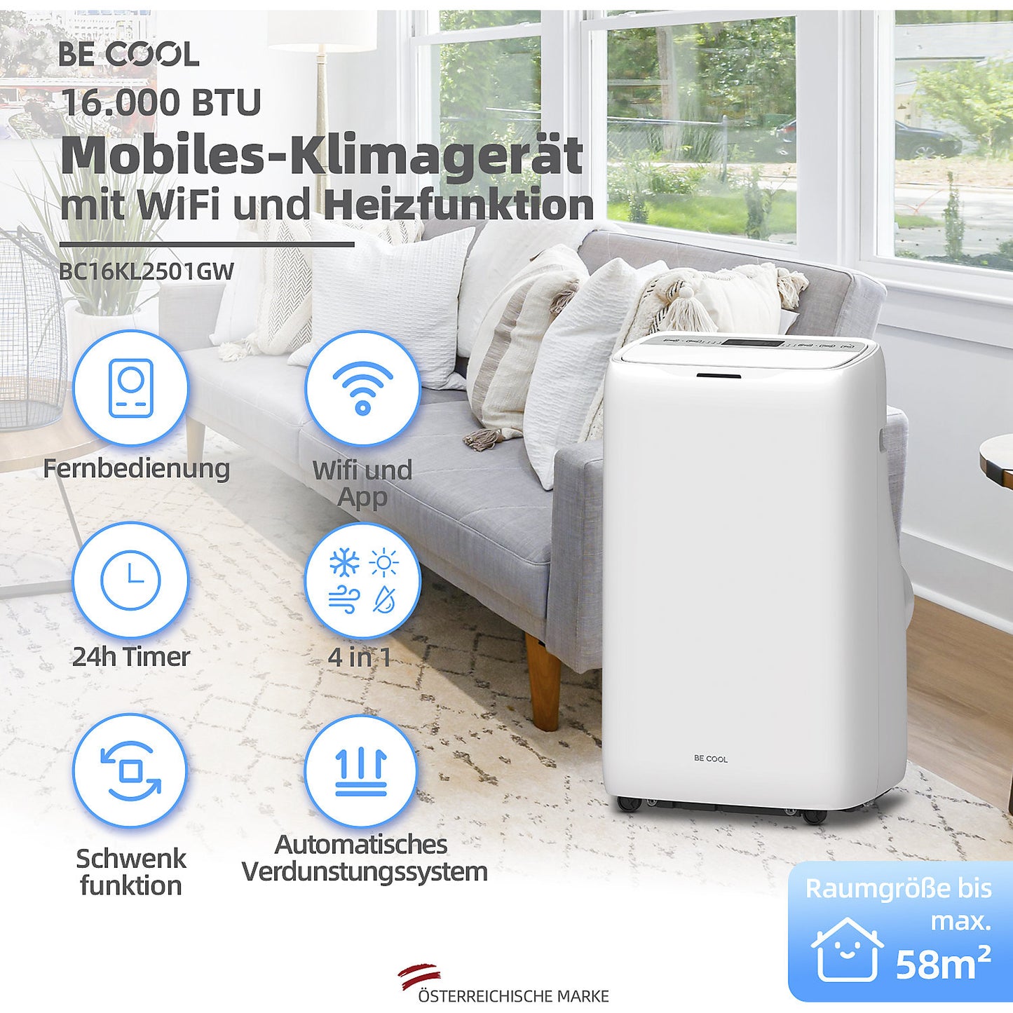 16,000 BTU Air conditioner, with heating function and Wifi, white.