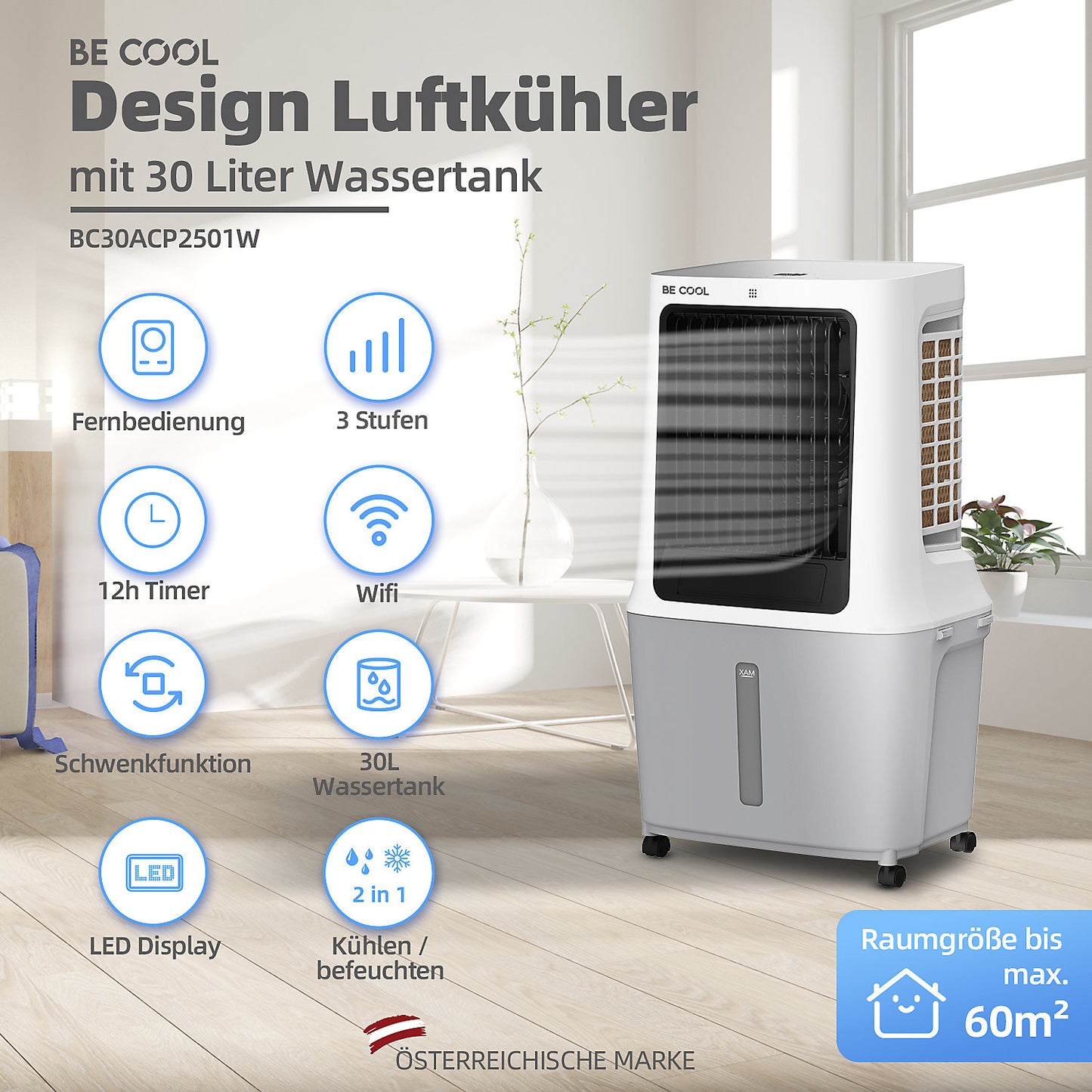 Premium air cooler, 30 l, with Wifi, white/grey.