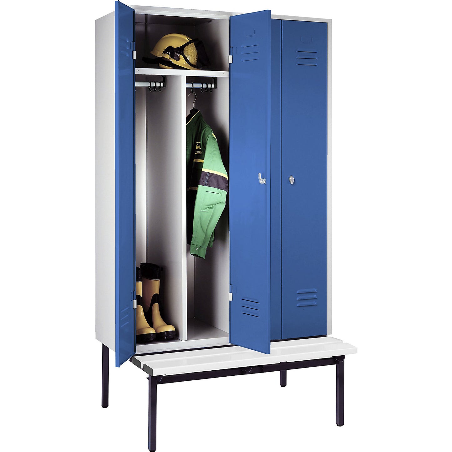 Berlin 2 clean and dirty locker with bench seat, centre divider, 2 compartments, light grey/light blue, W 1200 mm, base frame, plastic.