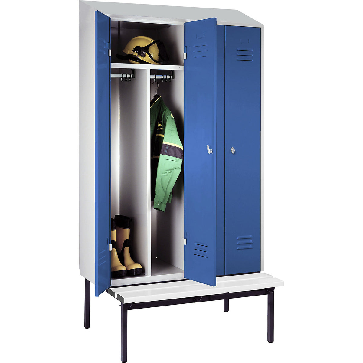 Berlin 2 clean and dirty locker with bench seat, centre divider, 2 compartments, light grey/light blue, W 1200 mm, base frame, plastic, sloping roof.