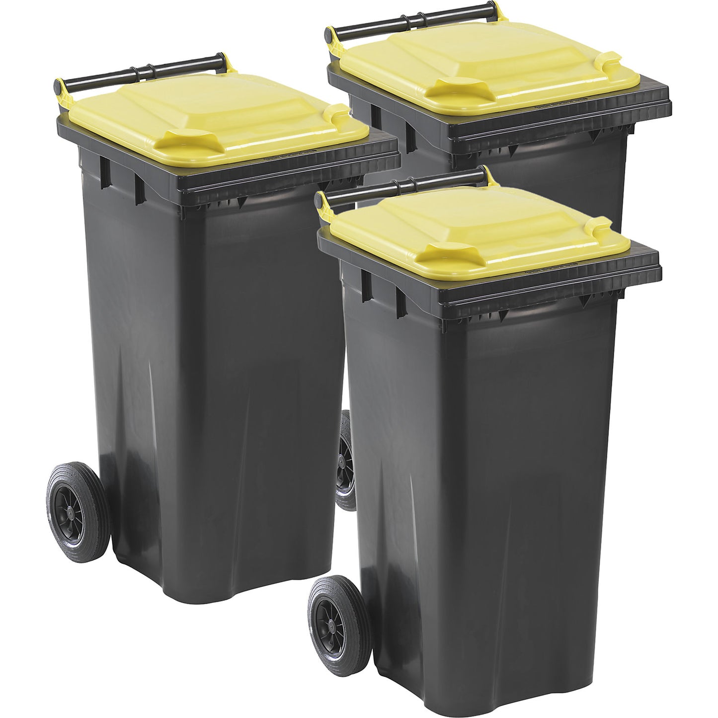 DIN EN 840 waste bins, pack of 3, capacity 3 x 120 l, charcoal, yellow lid.