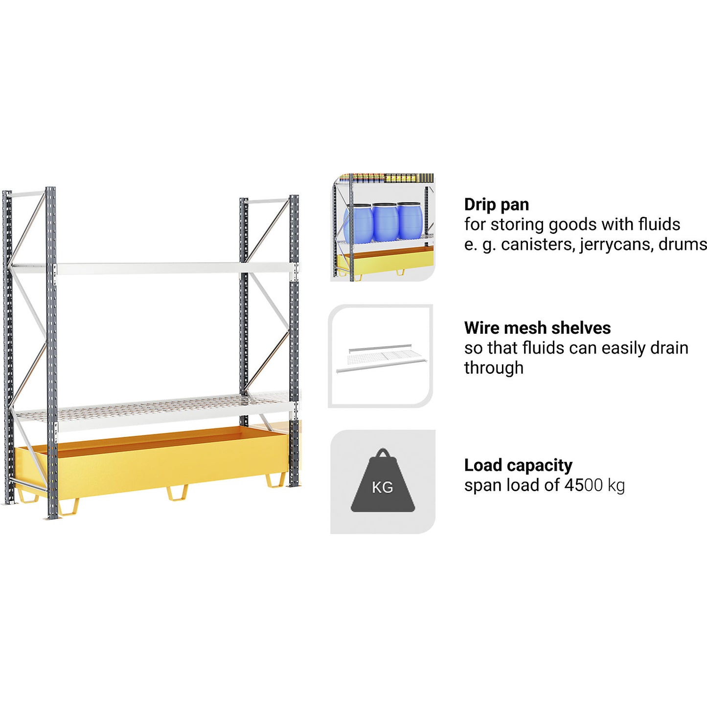 Wide span shelving unit with tray, W 1800 mm, HxD 2500 x 800 mm, max. shelf load 284 kg, extension shelf unit.