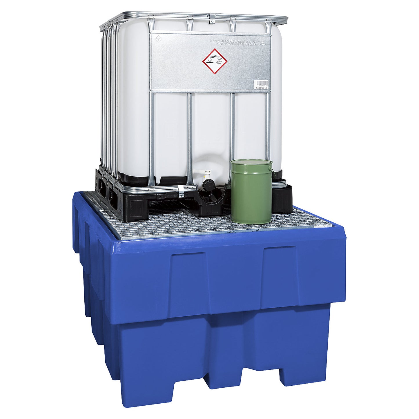 Polyethylene sump tray, for 1 IBC/KTC pedestal, sump capacity 1000 l, with grate.