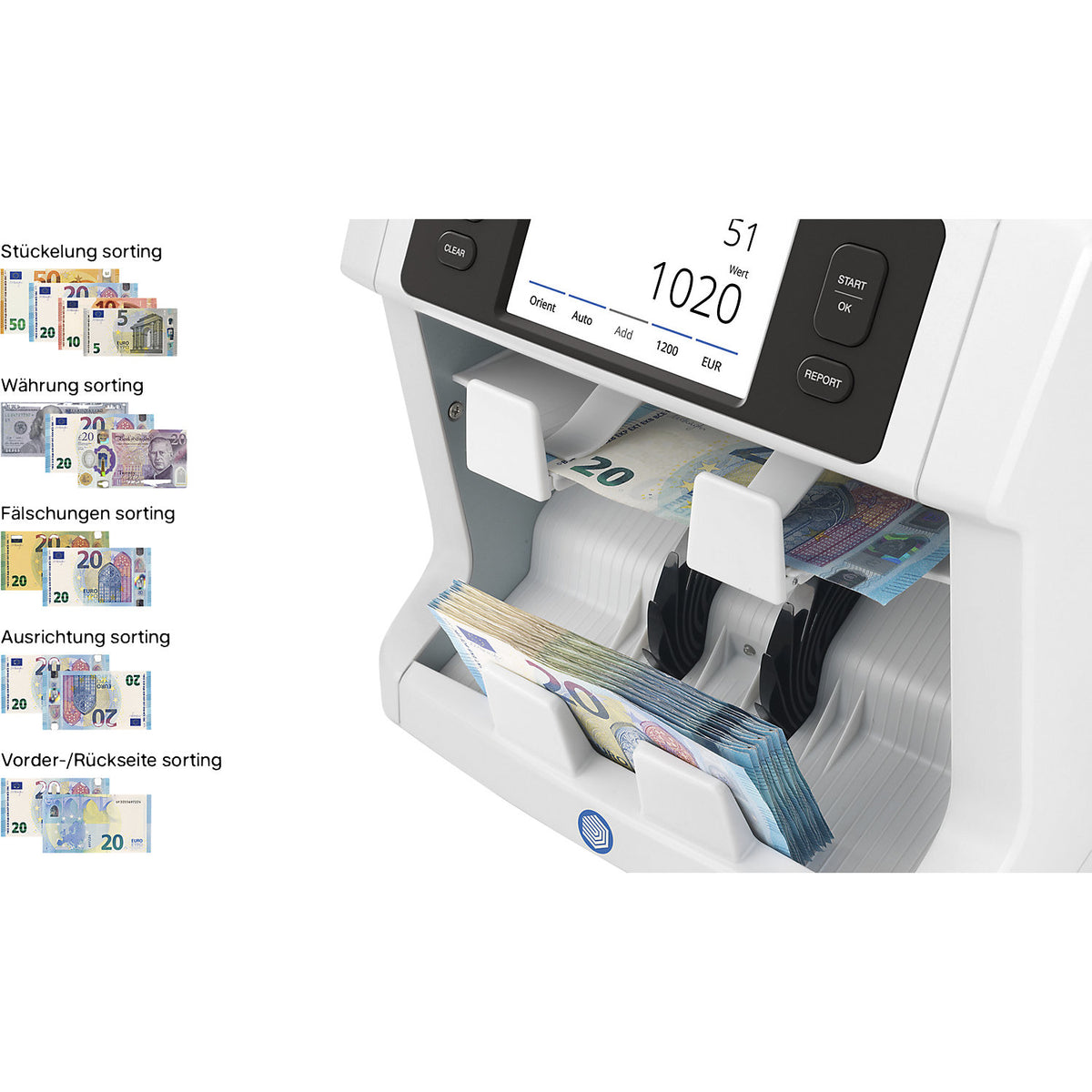 Banknote counter, 2985-SC, 10-fold authenticity check.