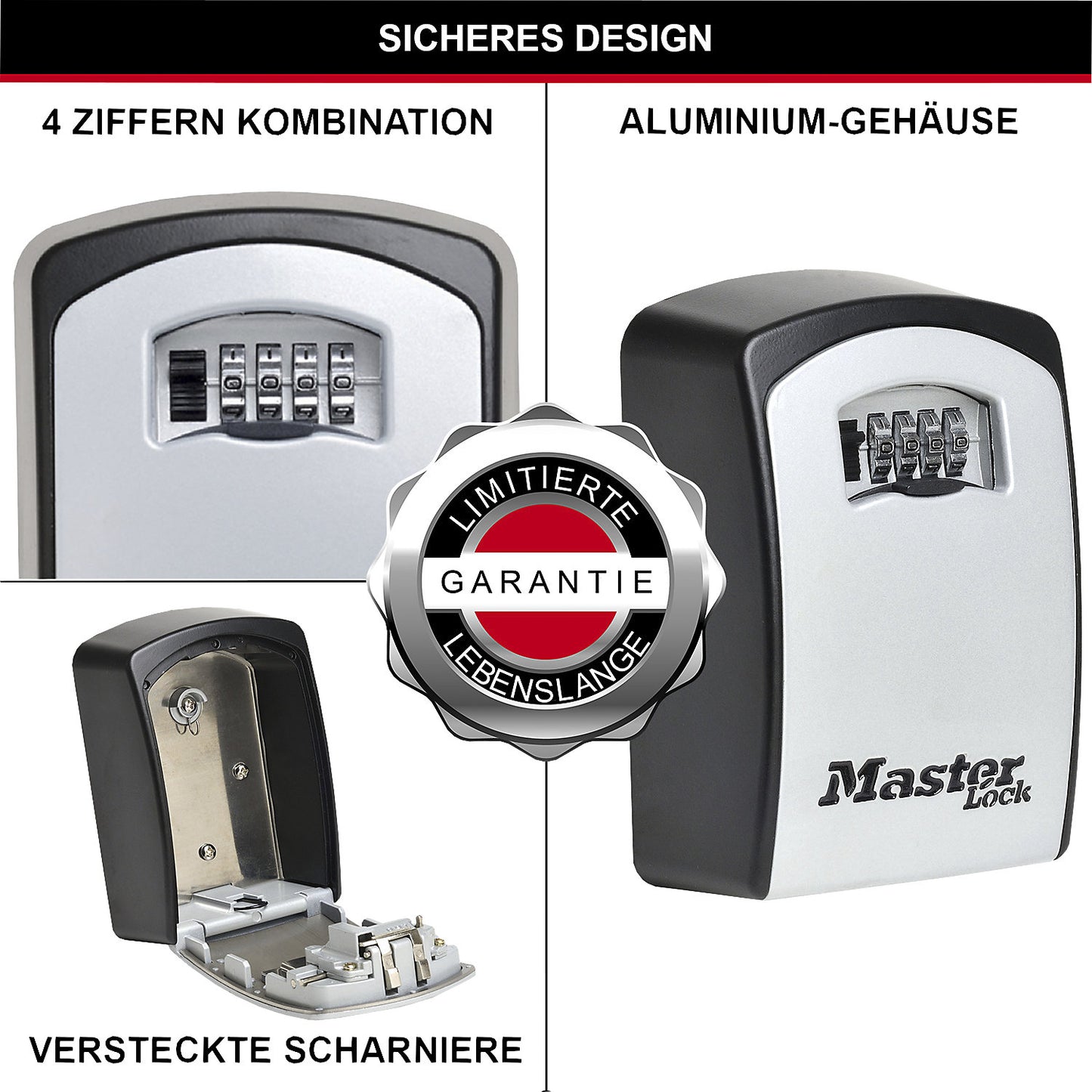 Extra large key box, aluminium with 4-digit combination, pack of 4, black.