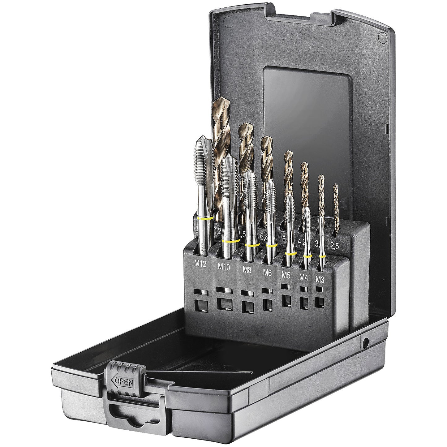 Machine tap set, DIN 371/376 HSSE-Co5 type B with colour ring - PREMIUM, large set, 14 parts.