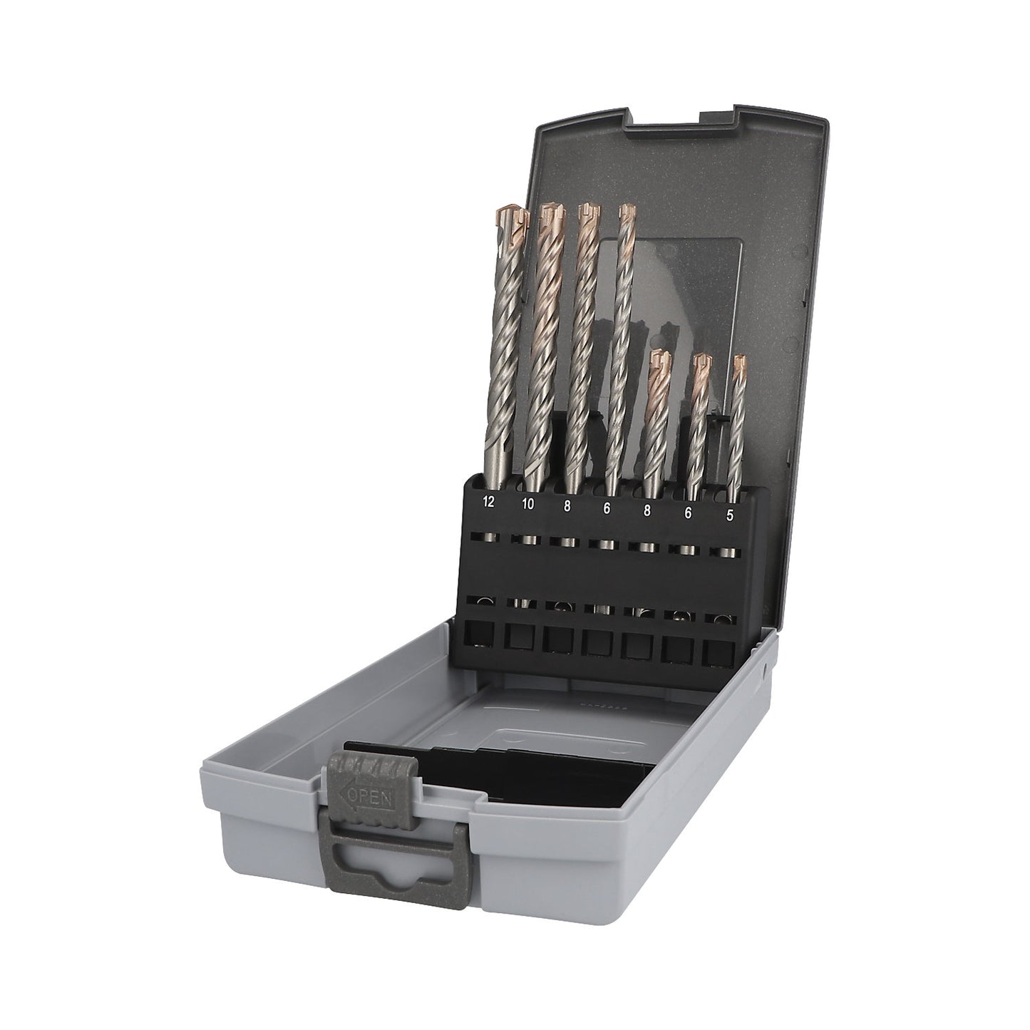 Hammer drill bit set, 4S-SDS-PLUS with 4 HM cutting edges, PGM certified, 7 parts.