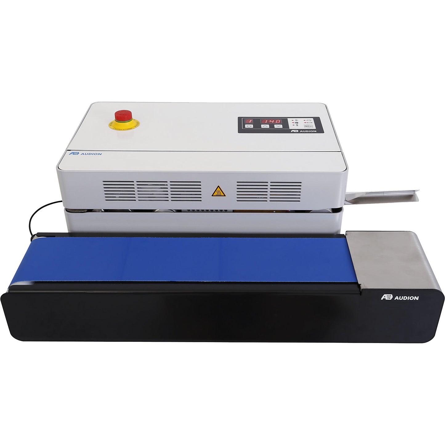 Continuous film sealer D545 Horizontal, with conveyor belt, white/blue.