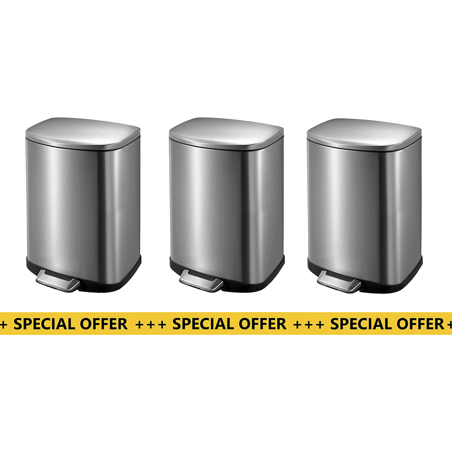 Pedal waste bin, stainless steel, pack of 3, capacity 20 l.