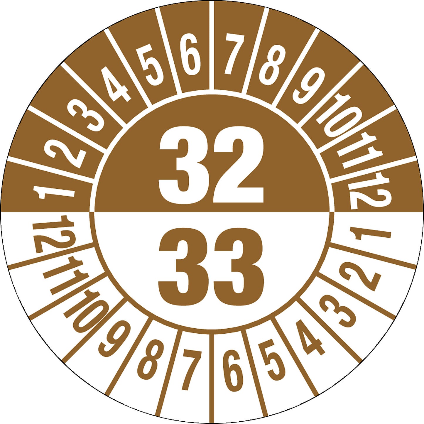 Test placard, multiple years, document film, Ø 25 mm, pack of 10, 32/33, brown.