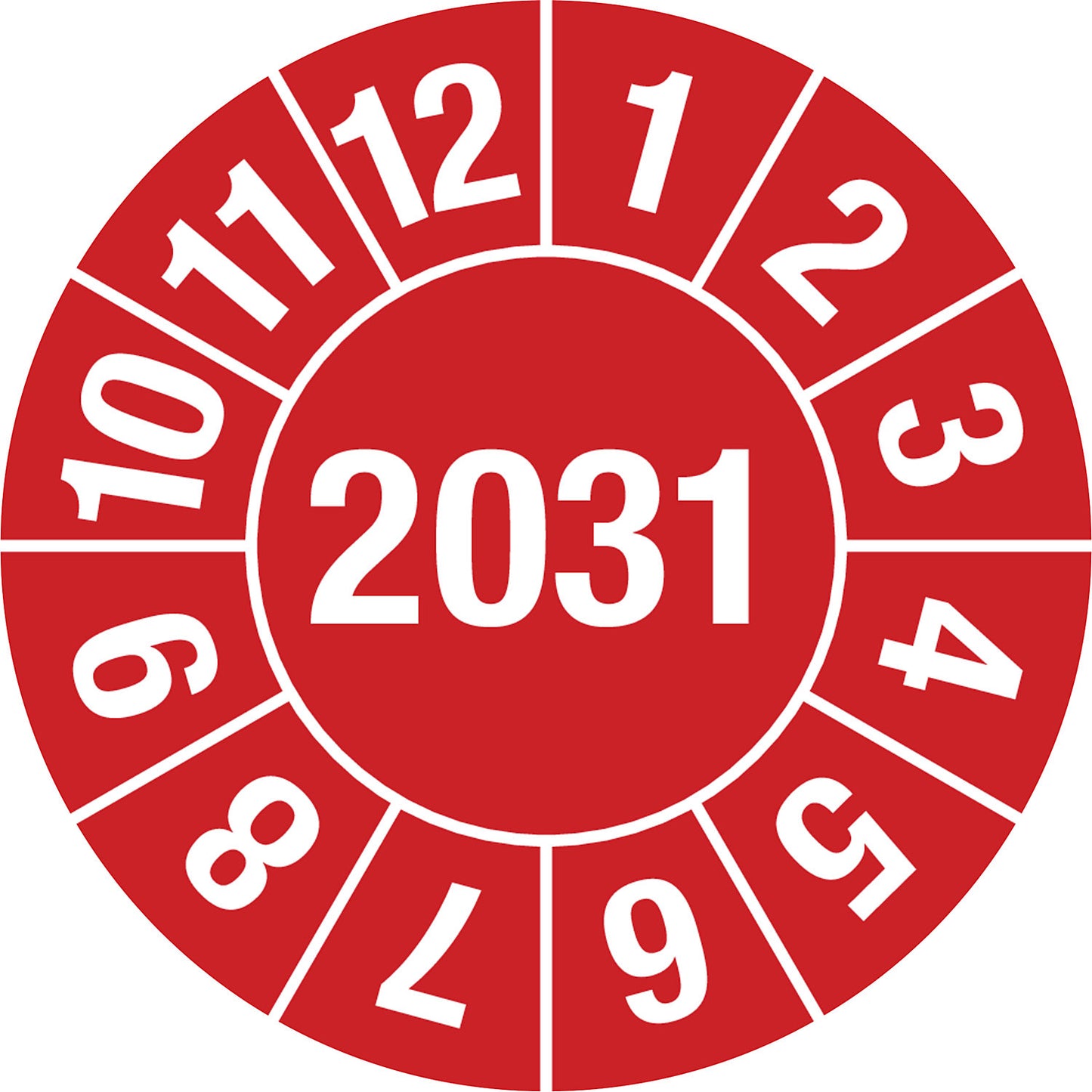 Test placard, 4 digit year, document film, Ø 25 mm, pack of 10, 2031, red.