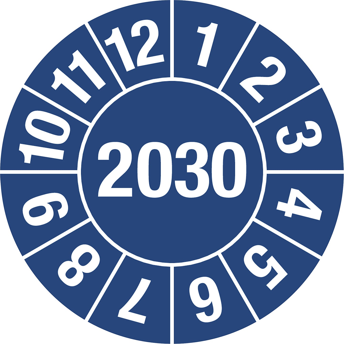 Test placard, 4 digit year, document film, Ø 30 mm, pack of 10, 2030, blue.