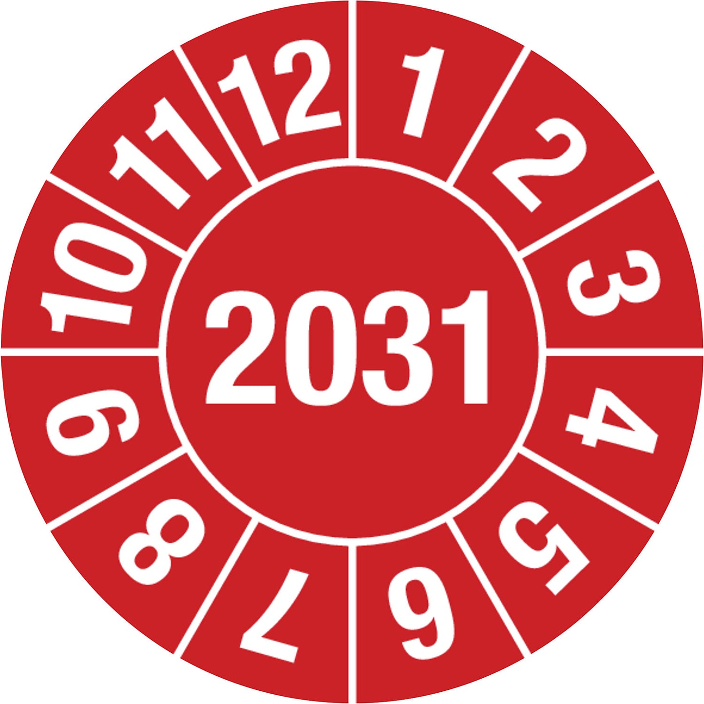 Test placard, 4 digit year, document film, Ø 15 mm, 2031, red.