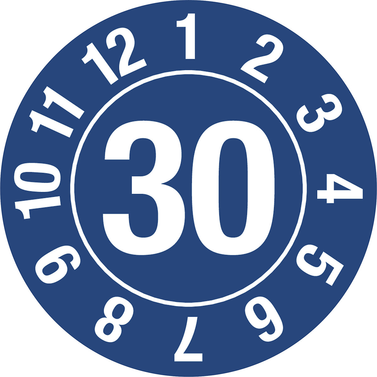 Test placard, year, document film, Ø 25 mm, in a circle, pack of 10, 30, blue.