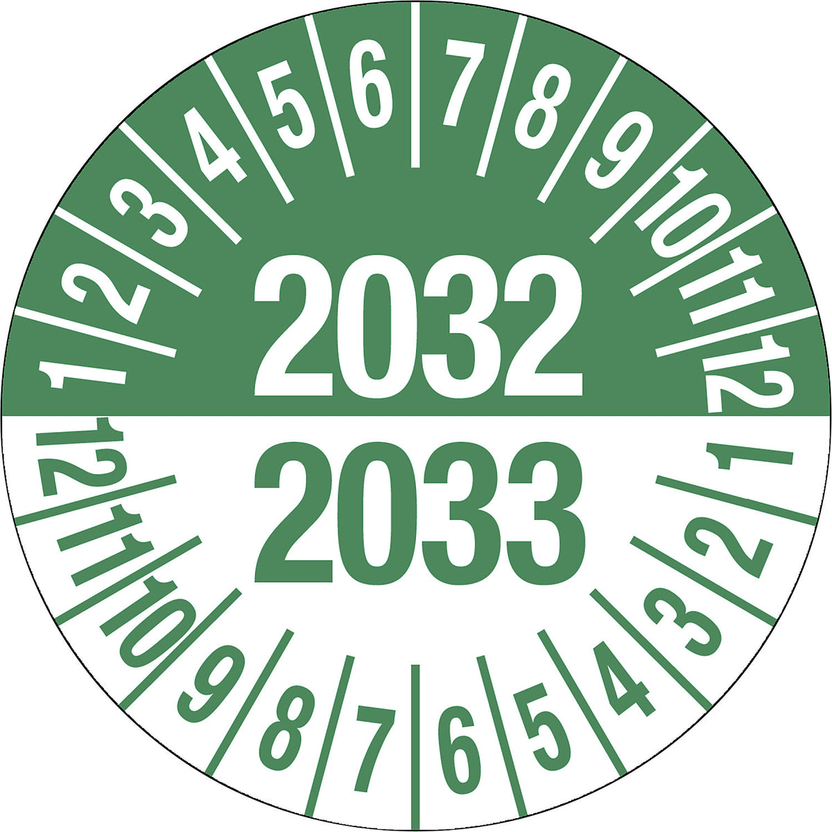 Test placard, multiple years, green, document film, Ø 35 mm, pack of 10, 2032/2033.