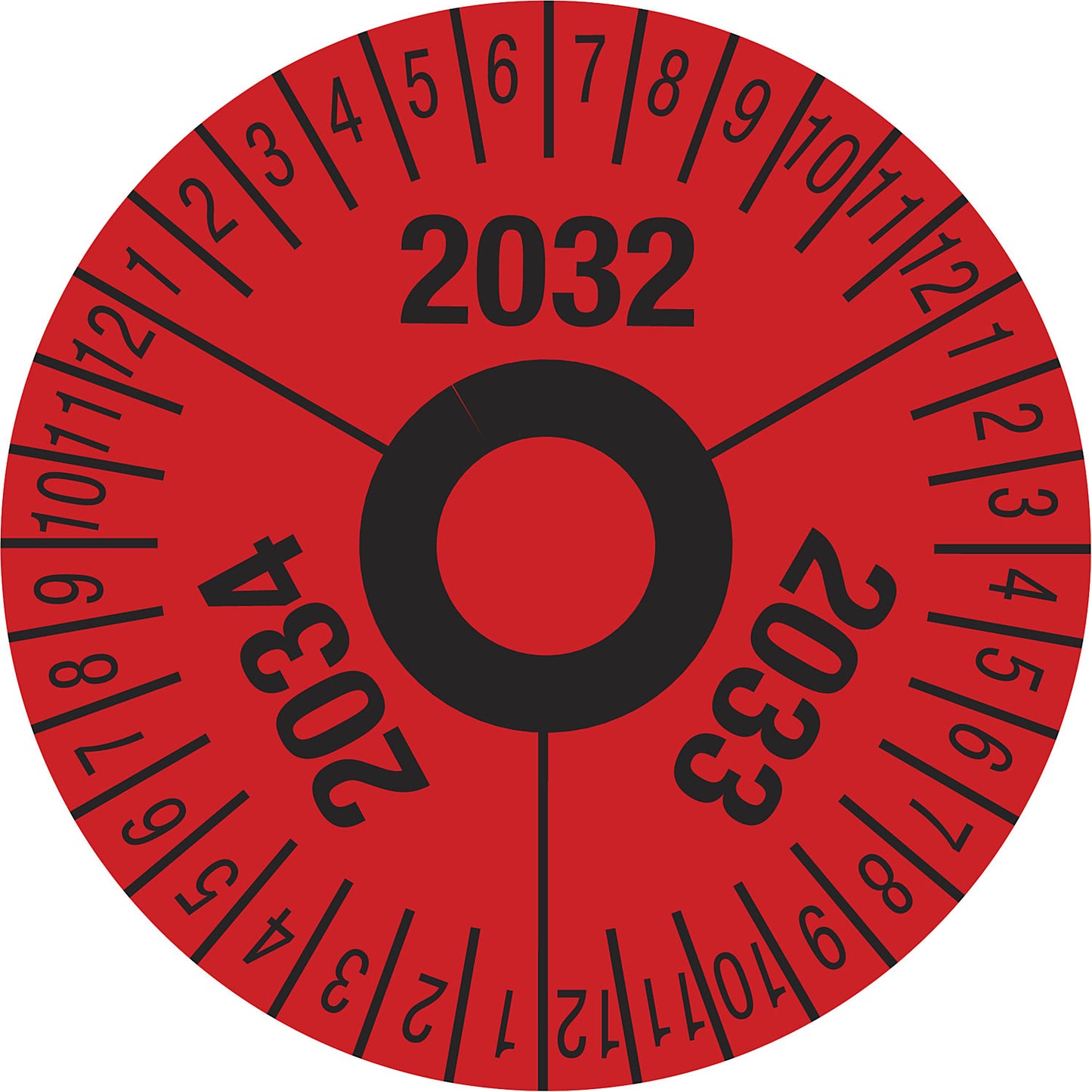 Test placard, multiple years, red, film, Ø 40 mm, pack of 10, 2032 - 2034.