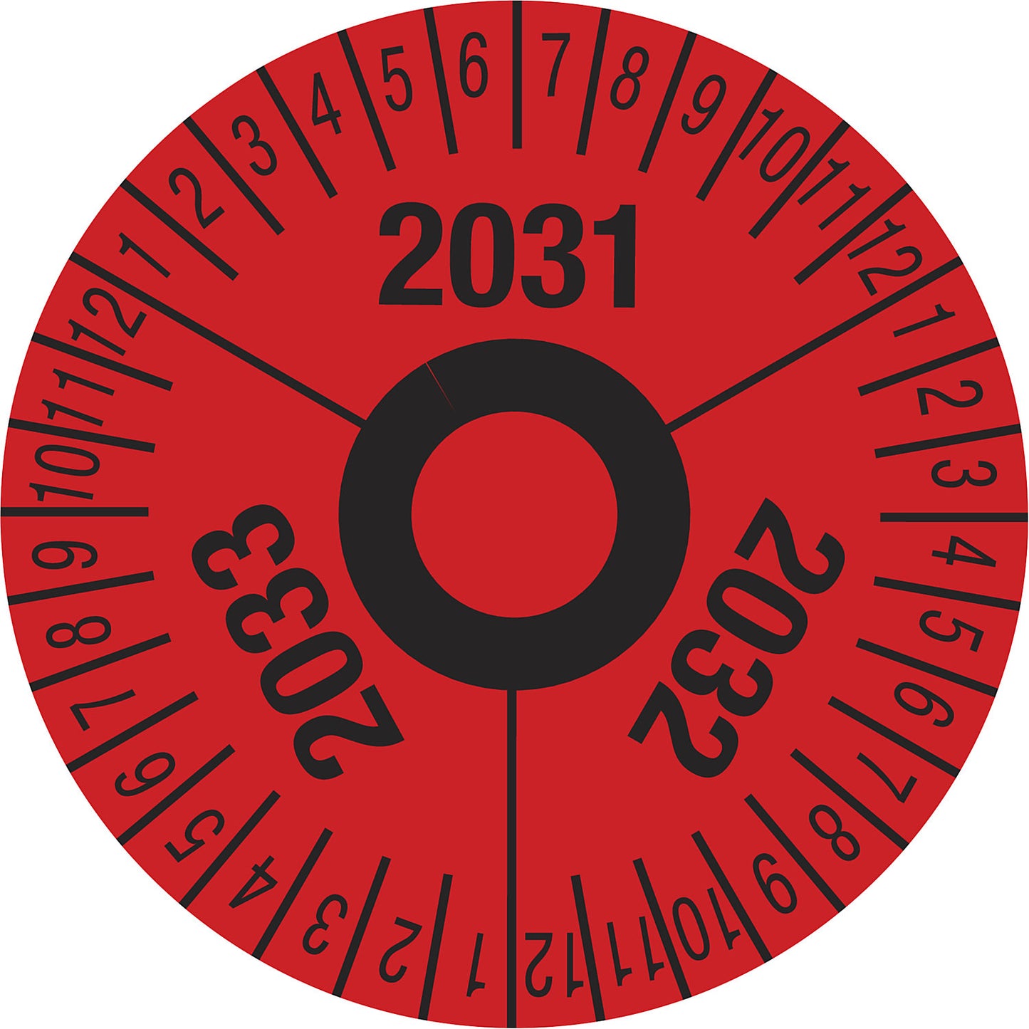 Test placard, multiple years, red, film, Ø 40 mm, pack of 10, 2031 - 2033.