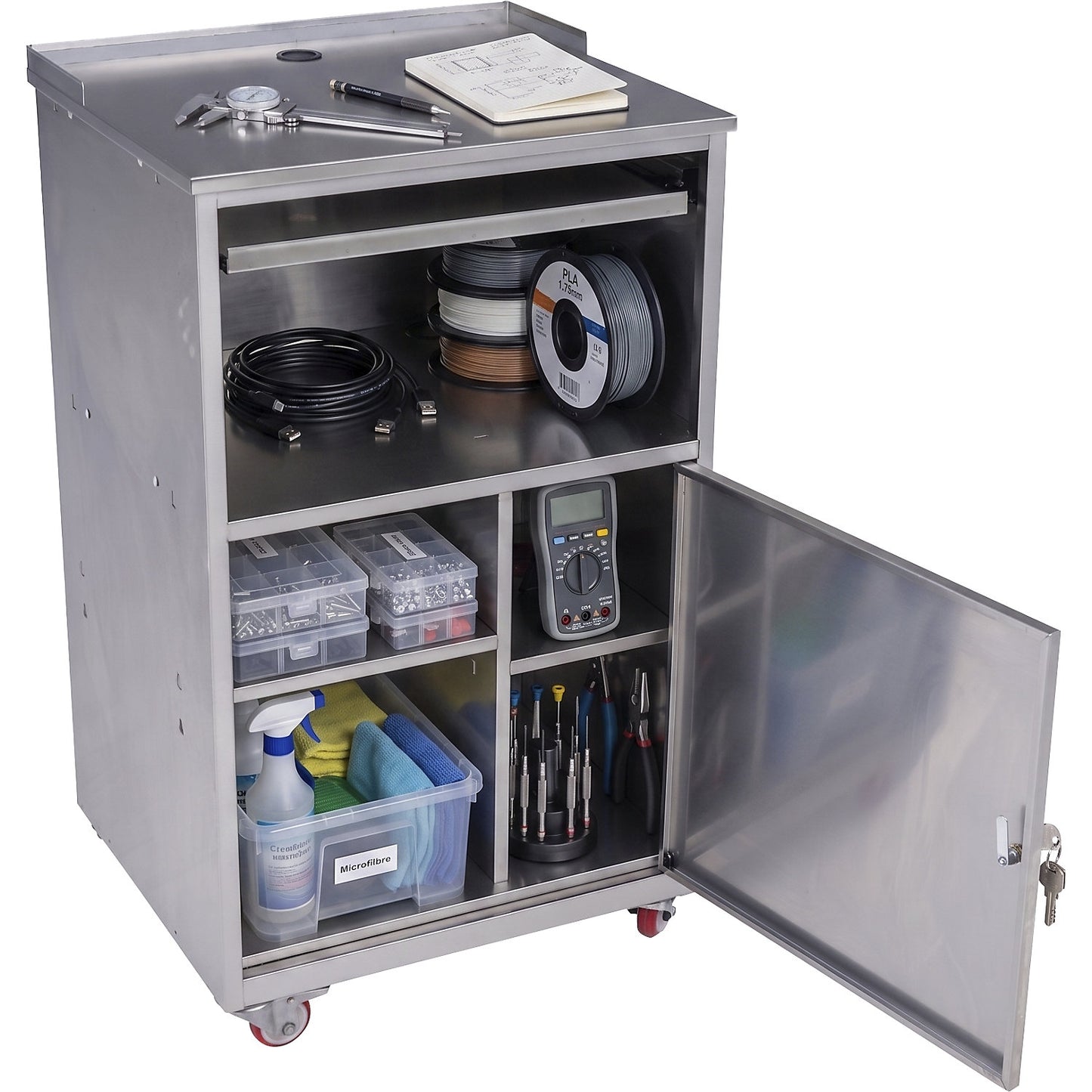 Stainless steel PC desk, HxWxD 1170 x 690 x 590 mm, 1 door, 1 open compartment.