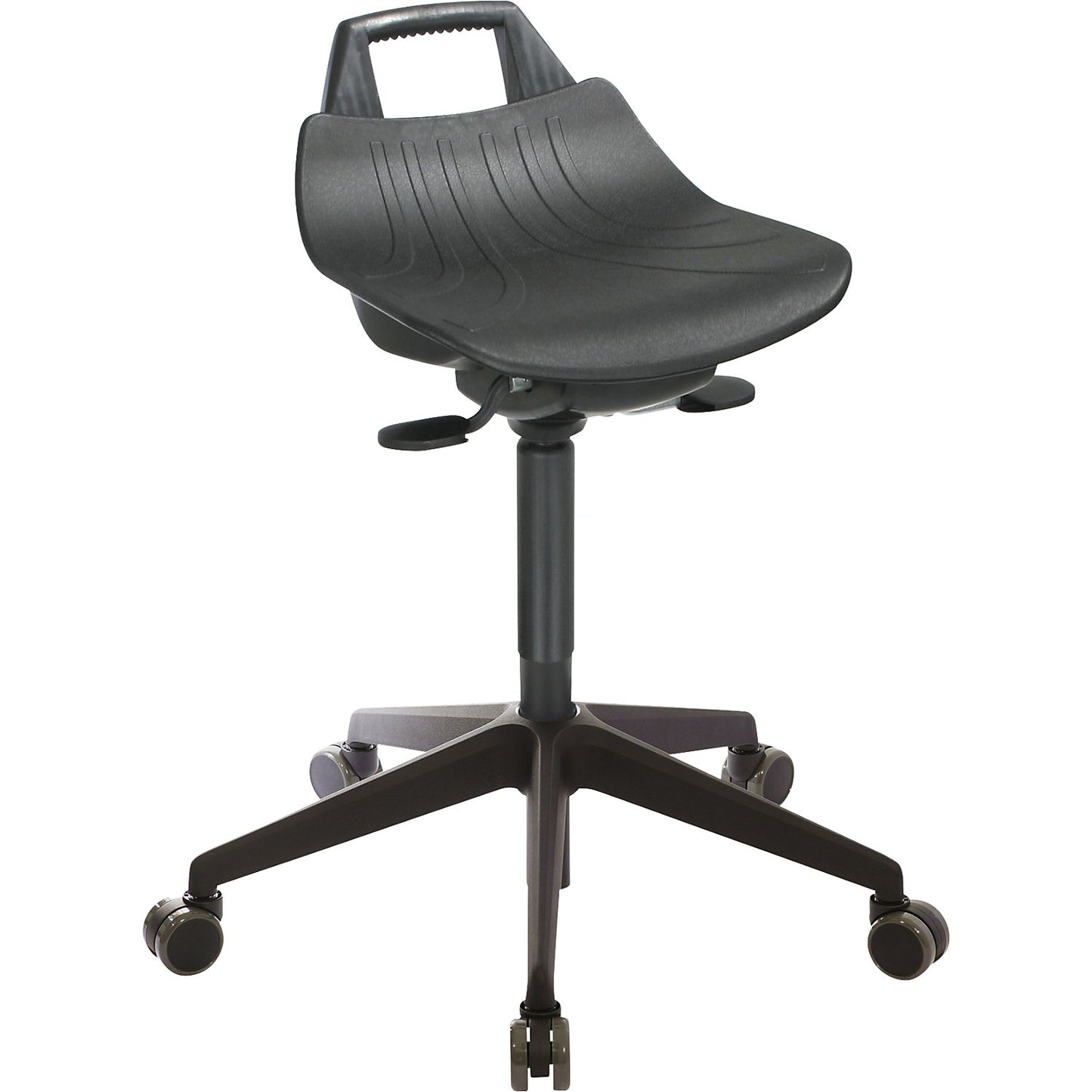 XL industrial stool 150 kg, gas lift height adjustment, polypropylene (PP), black.