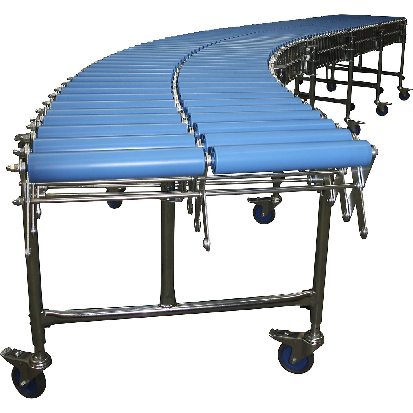 Flexible roller conveyor, track length 3300 - 7900 mm, track width 600 mm, 5 support feet.