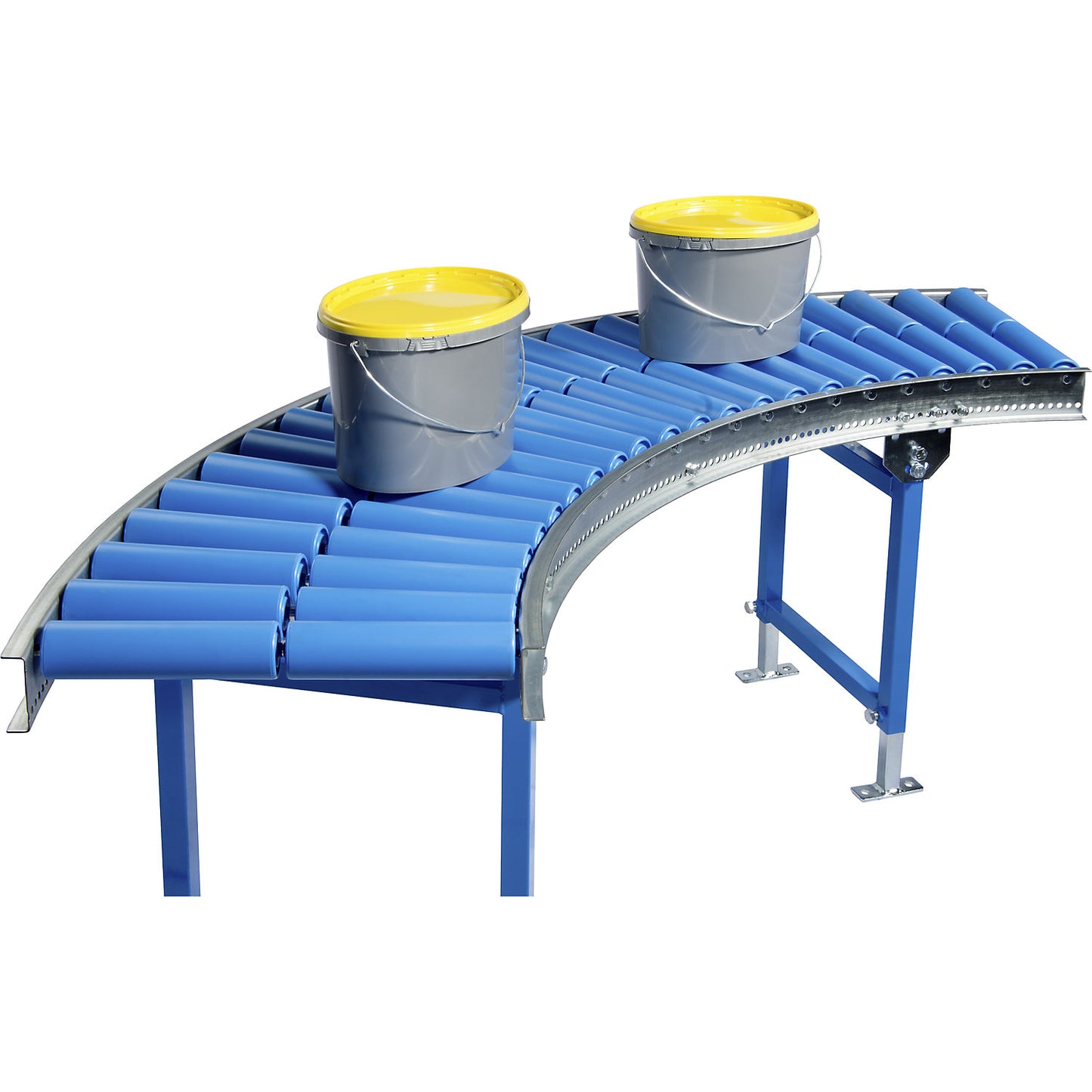 Lightweight roller conveyor, steel with plastic rollers, track width 500 mm, 90° curve, axle spacing 100 mm.